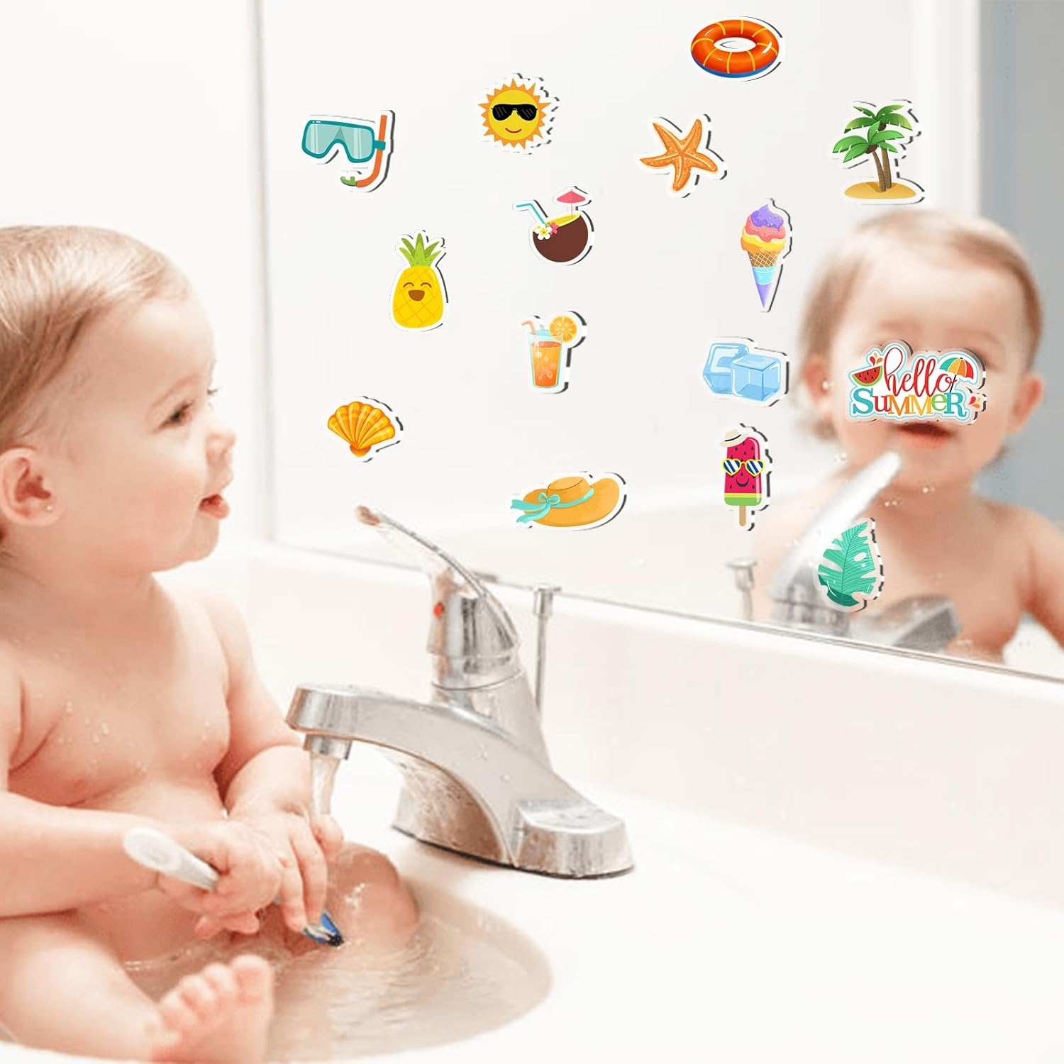 20 PCS Hello Summer Thick Window Gel Clings, Hianjoo Beach Hawaiian Tropic Gel Decals for Kids, Removable Reusable Ice Cream Glass Window Gel Stickers for Summer Home Classroom Nursery Supplies image number 1