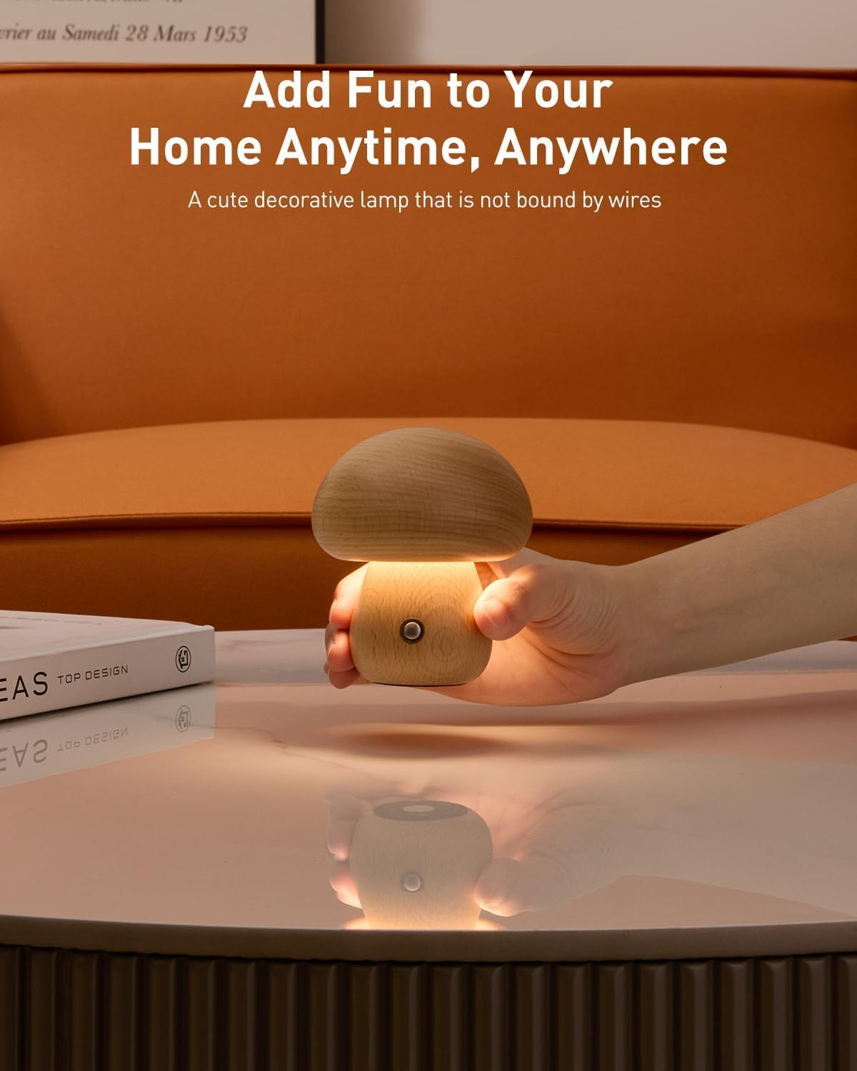 Wooden Mushroom Lamp &ndash; Portable Cordless Rechargeable Beech Wood Table Lamp with Stepless Touch Dimming & Memory, Compact Night Light Birthday Gift image number 4