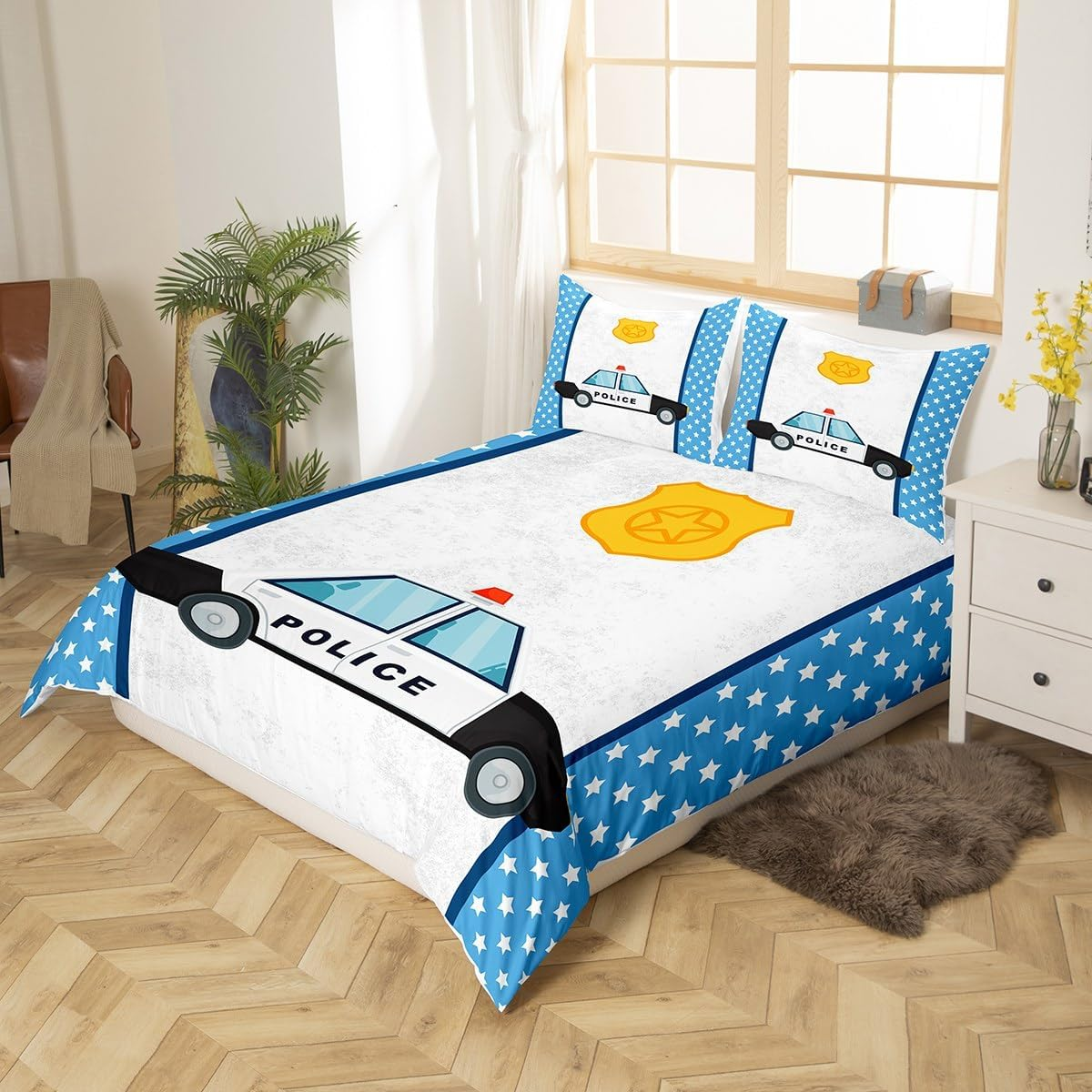 Police Car Children'S Duvet Cover Set, M Size, Stars Cartoon Cute Bedding Set, Boys Girls Women, Cartoon Police Vehicles Comforter Cover, Blue White Fashion Quilt Cover, 1 Pillowcase image number 6