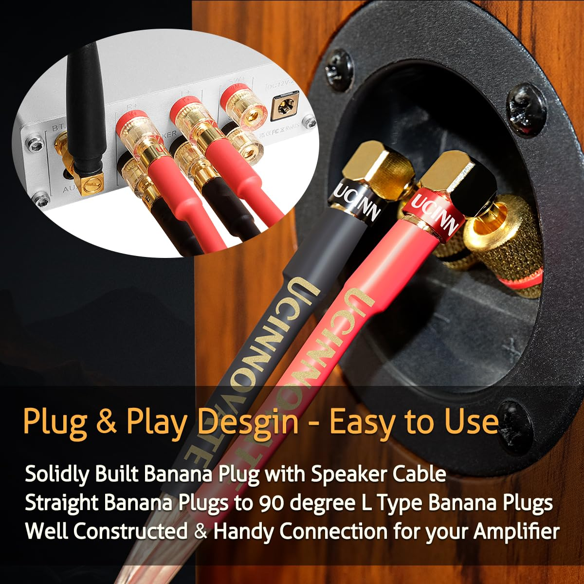 UCINNOVATE 2 Pack 13 AWG Speaker Cable with Banana Plugs, 2X 2M Hifi Speaker Wire with 4Mm Gold-Plated Right Angle Banana Plugs, Solid Audio Cable Speaker Cord for Audiophile Home Theater (2M/6.5Ft) image number 6