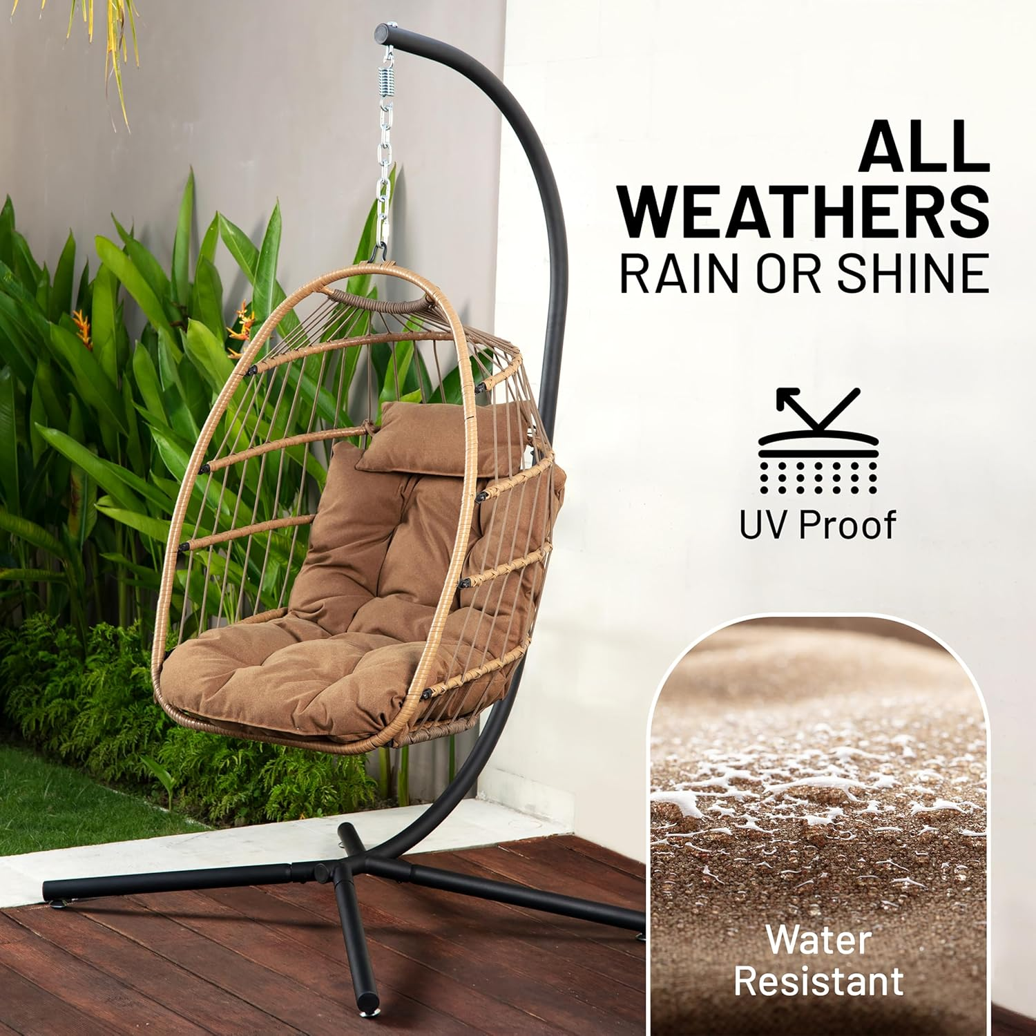 Serenelife Hanging Egg Chair with Stand &ndash; Indoor/Outdoor Swing for Living Room, Patio & Garden &ndash; Rattan Wicker Seat with Cushion &ndash; Brown image number 3