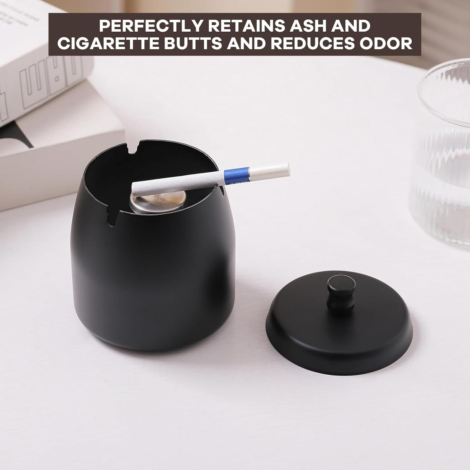 Stainless Steel Ashtray with Lid - Smokeless, Odorless Windproof Cigarette Tray for Indoor/Outdoor, Home, Office, Patio (9Cm X 9Cm X 9.7Cm, 330G) image number 2