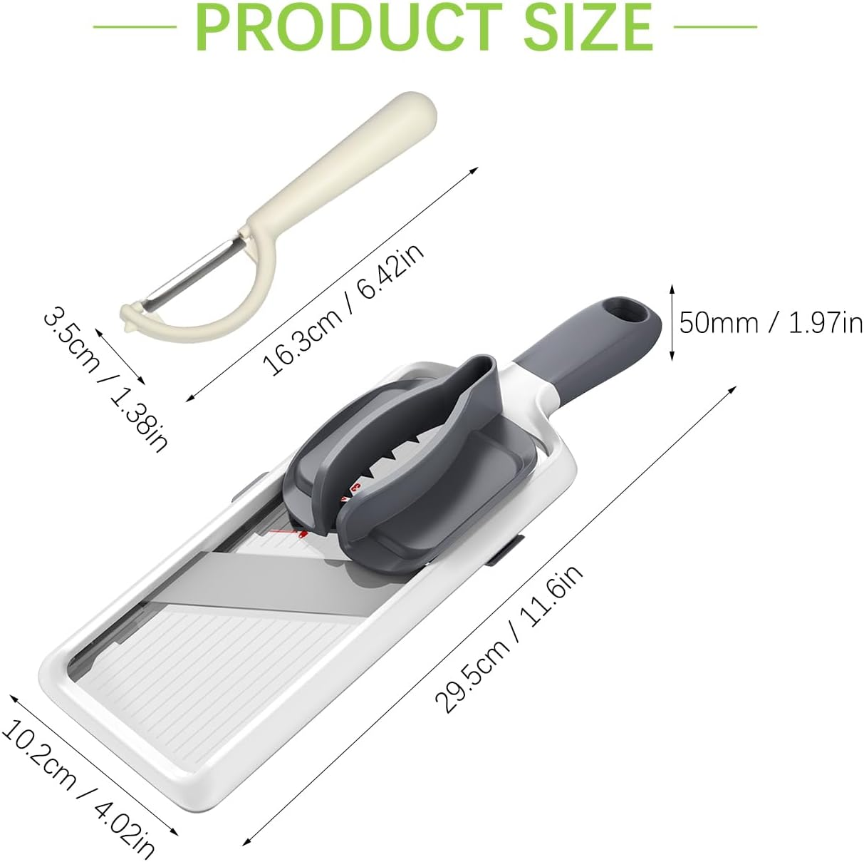 YAMJUG Handheld Mandoline Slicer, Kitchen Slicer with Adjustable Stainless Steel Blade and Food Holder,Easy to Clean, Good Grip Fruits and Vegetable Cutter image number 4