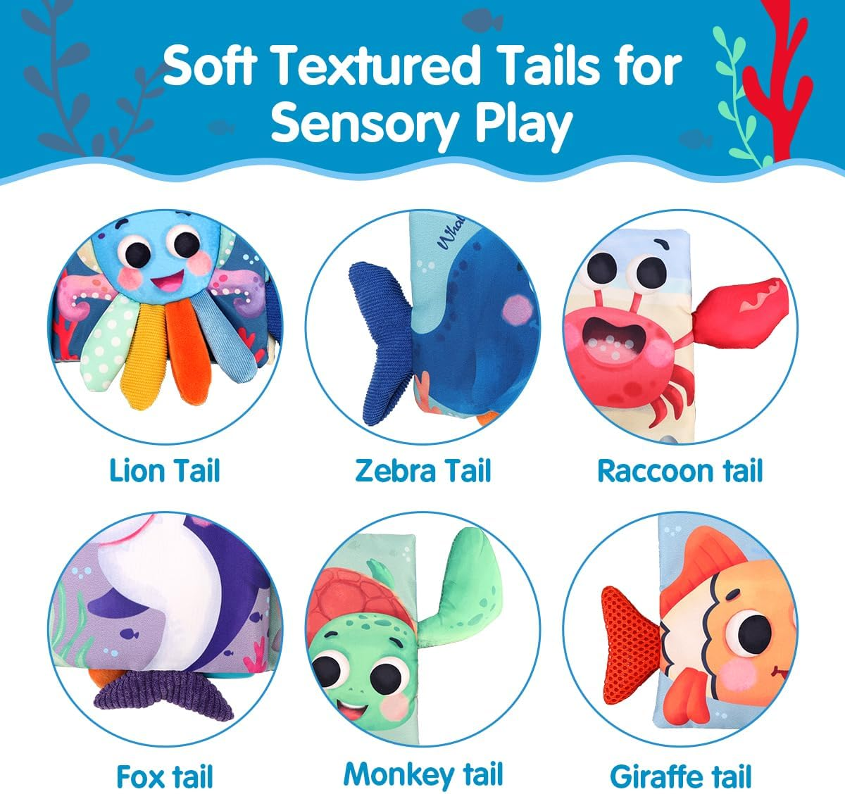 REMOKING Baby Books Toys - Touch & Feel Tummy Time Sensory Soft Books for Baby Infant 0 3 6 9 12 Months,Musical Toys with 3D Tails,Mirror,Beads,Baby Birthday,Early Learning Gifts image number 4