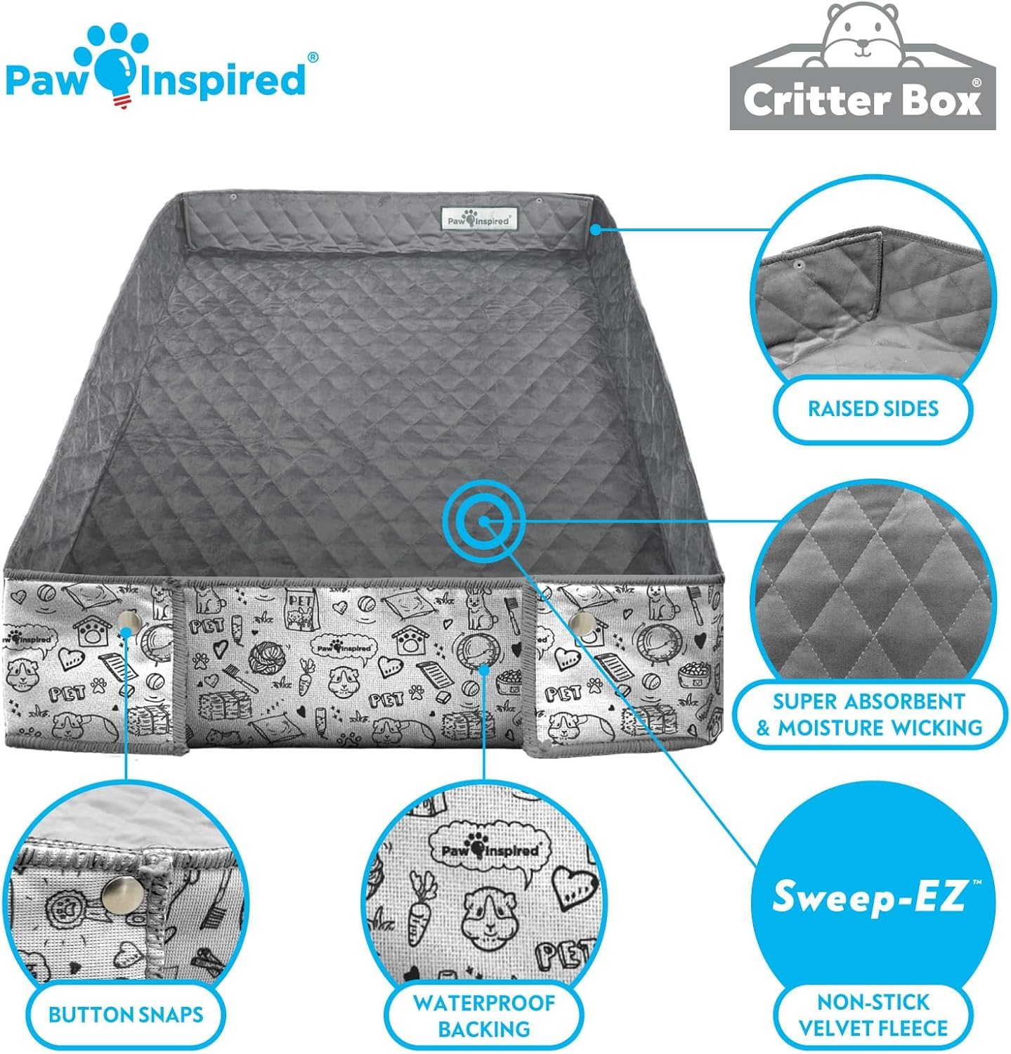 Paw Inspired Critter Box | Washable Guinea Pig Cage Liners with Raised Sides | Fleece Bedding for Guinea Pigs Rabbits, Hamsters, Small Animals | Edge Protected Pee Pads (C&C 2X4) image number 6