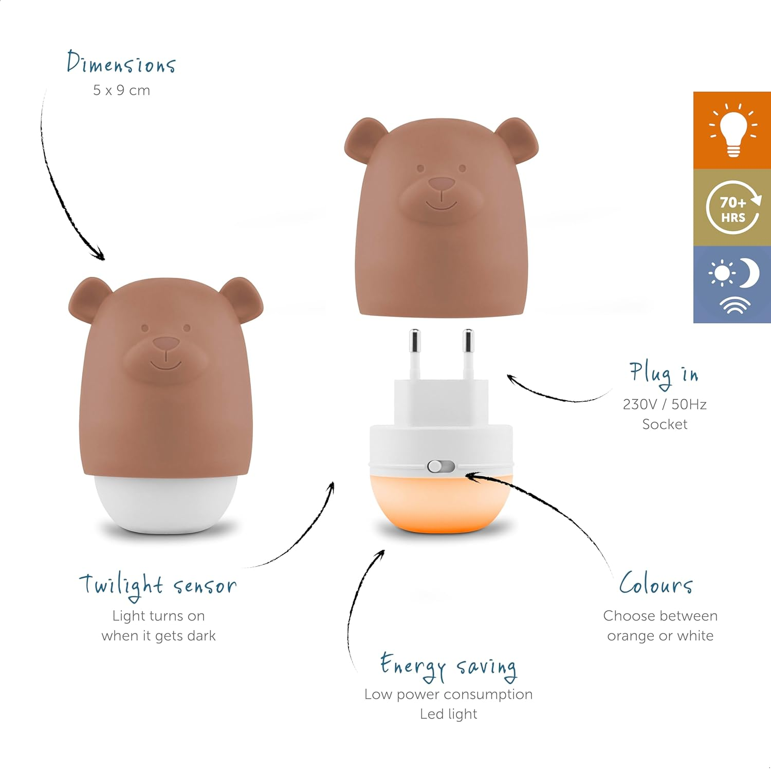 ZAZU Benny Automatic Baby Night Light with Dusk Detector - Rechargeable | White & Orange | 70 Hours Battery Life | Travel Mode | Portable Night Lamp for Kids (Brown)