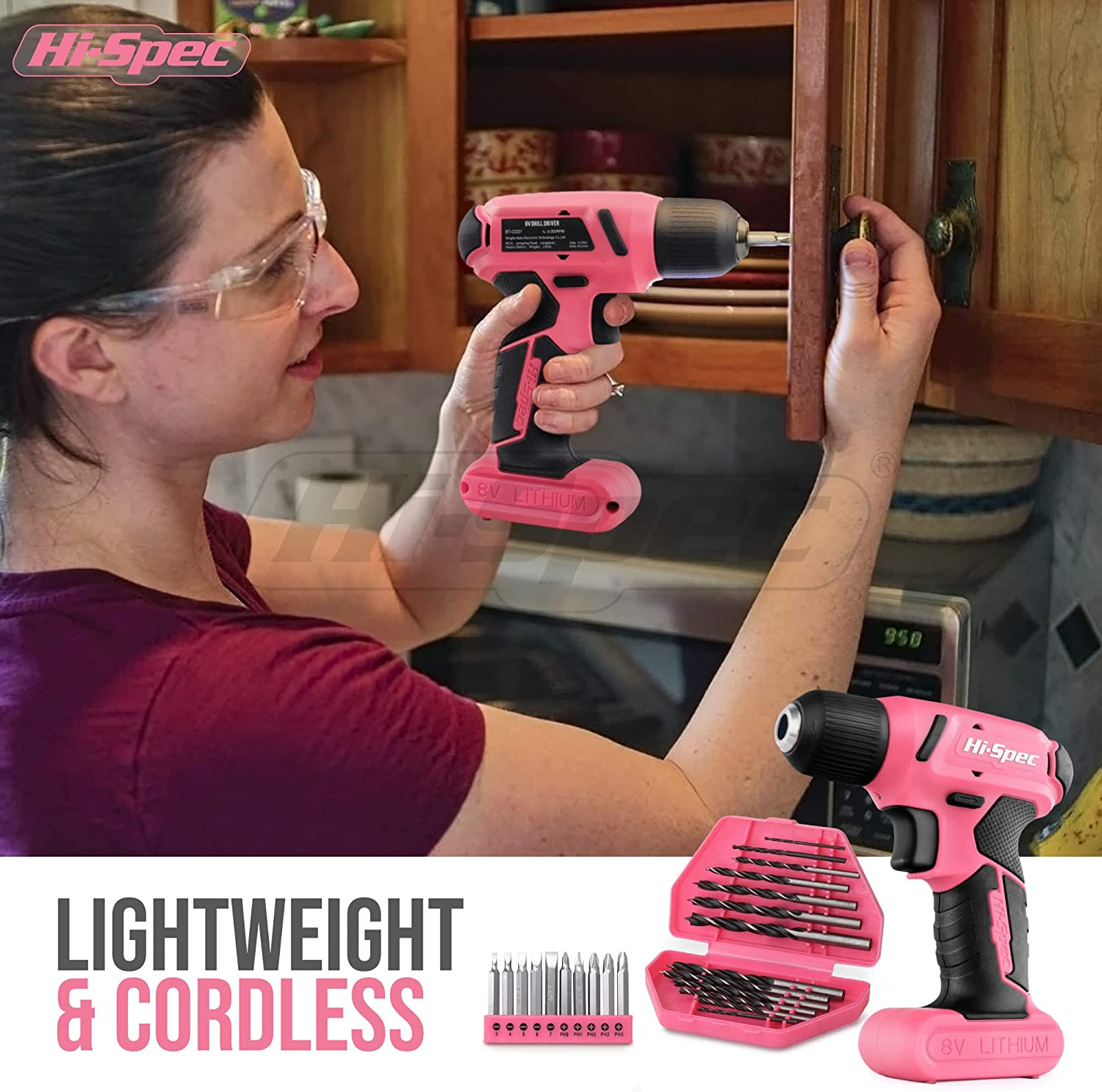Hi-Spec 57Pc Pink 8V USB Electric Drill Driver & Household Tool Kit Set with Variable Speed DIY Cordless Power Screwdriver image number 6