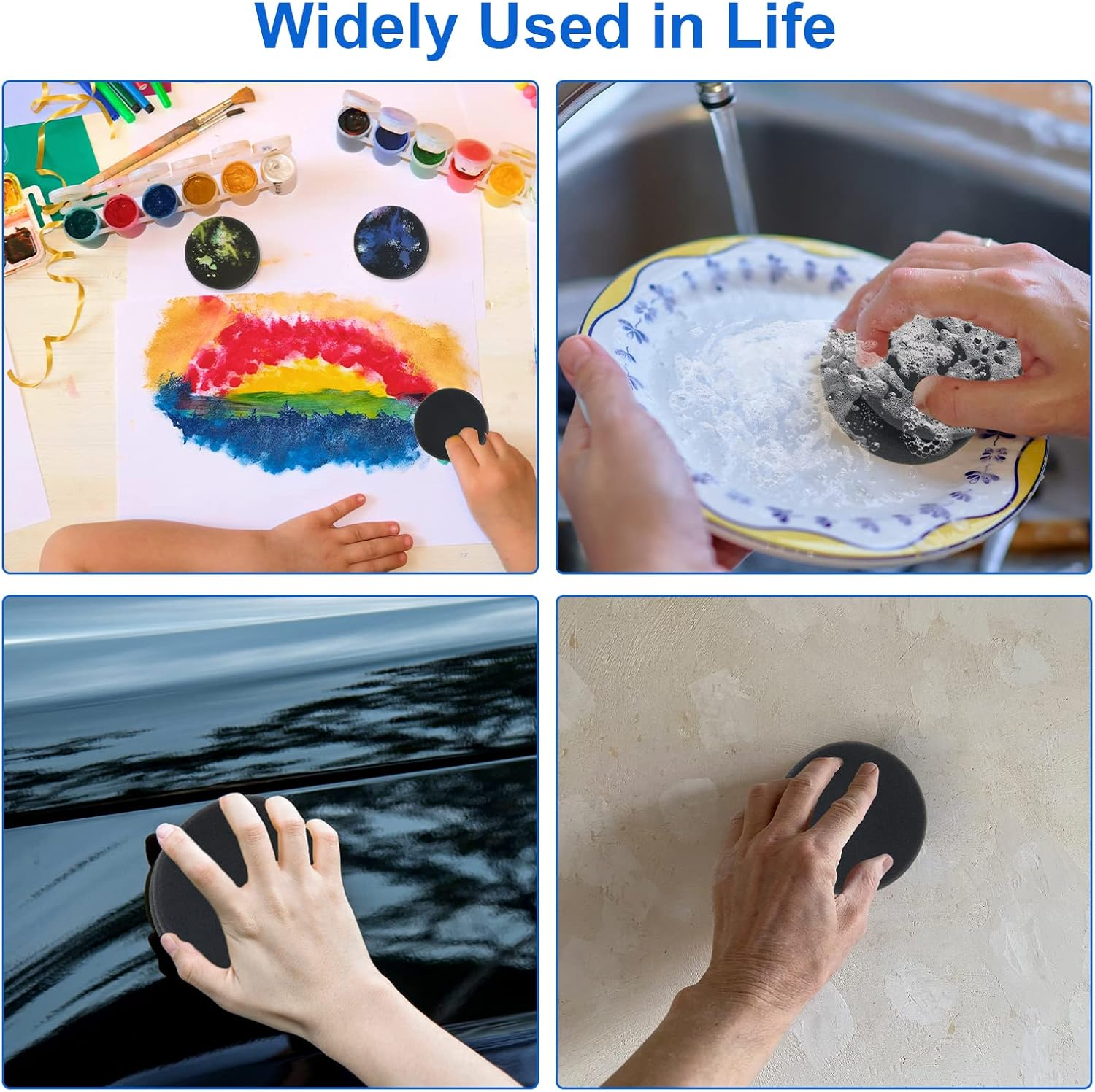 Boyistar Paint Sponge Applicator 3Pcs, Black Detail Painting Sponge Double-Side Art Craft round Sponge for Car Waxing, Wall Repairing Kitchen Cleaning Sponges with Storage Mesh Bag (Black) image number 6