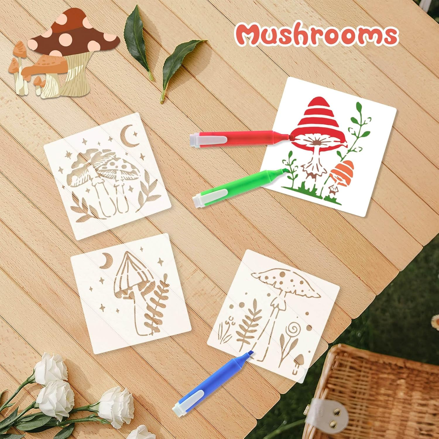 Dayker 12PCS Mushroom Stencils, Reusable Plastic Craft Stencil, Mushrooms Moon Plants Drawing Template, DIY Art Decor for Painting on Wall Canvas image number 2