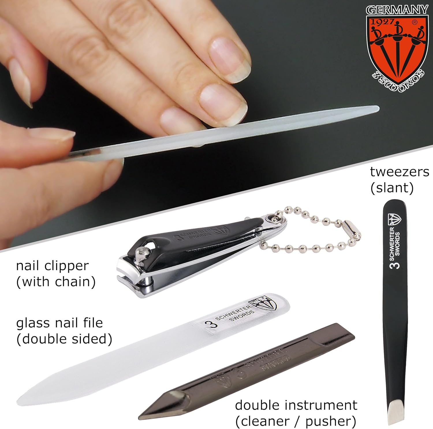 3 Swords Germany - Brand Quality 6 Piece Manicure Pedicure Grooming Kit Set - Scissors, Metal and Glass Nail File, Clipper, Tweezers with Synthetic Leather Case - White/Black Tools - Black image number 7