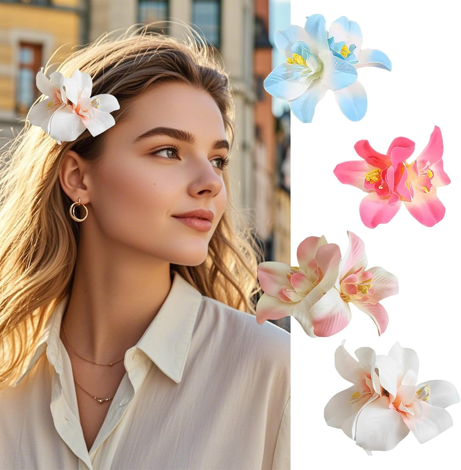 Yamobi Pack of 4 Hair Clips with Hawaiian Flowers, Flower Hair Clips, Hair Pin with Butterfly Orchid for Beach, Party, Suitable for Women and Girls image number 3