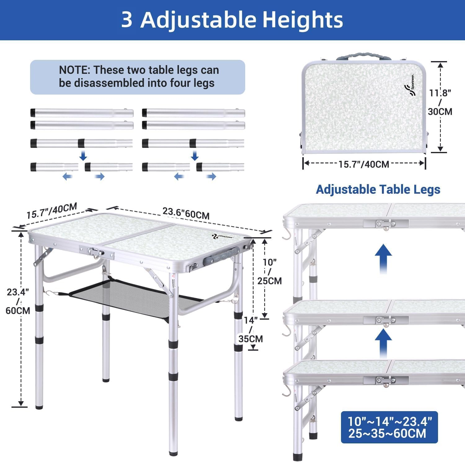 Sportneer Camping Table: Adjustable 3 Heights Foldable Table with Mesh Layer Lightweight Portable Compact Sturdy Lightweight Easy to Assemble Folding Camp Tables for Outdoor Camp Picnic Beach BBQ image number 4