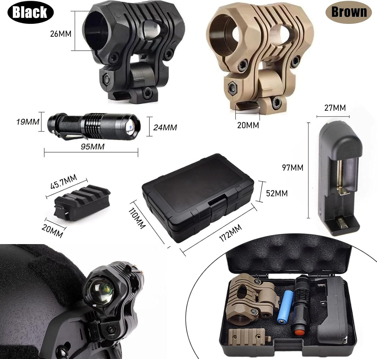 Tactical Helmet ARC Rail Light with Mount LED Mini Zoomable Helmet Flashlight with Strobe/Strong/Low Lamp 200 Lumens, Pocket Pen Flashlight with 20Mm Picatinny Rail Mount Storage Box Charger - Brown image number 2