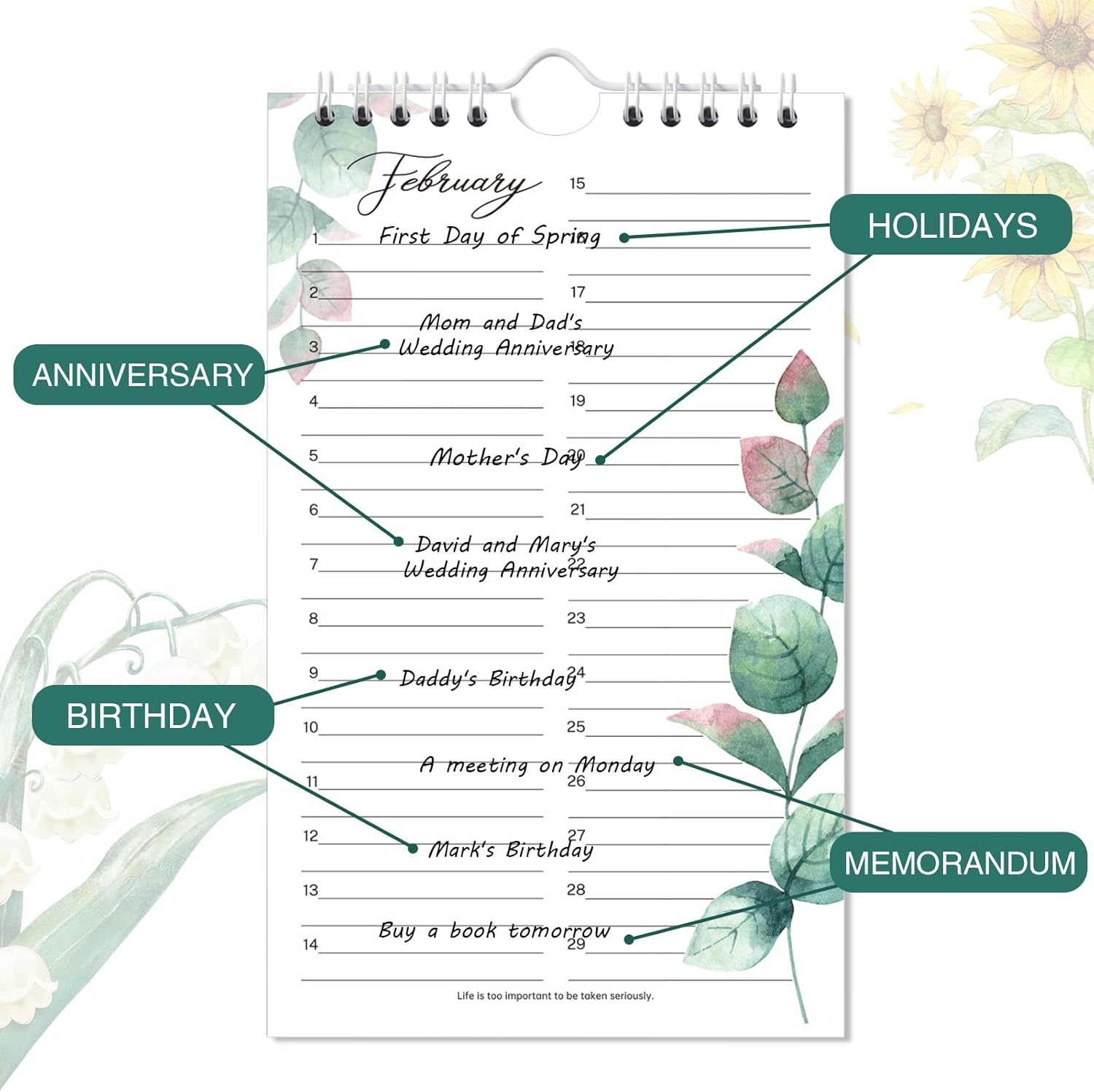 Perpetual Calendar - 12-Month Undated Calendar from Jan. to Dec., 6'' X10'' Perpetual Calendar with 2 Lines per Days, Reminding Anniversaries, Birthdays, Festivals, Birthday Reminder Book with Thick - Green Leaves image number 5