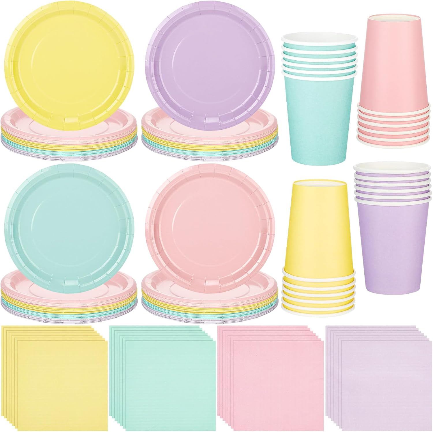Meekoo 72 Pcs Pastel Party Decorations Birthday Party Paper Plates and Napkins Sets Disposable Macaron Color Party Paper Plates Napkins Cups for Birthday Baby Shower Party(Colorful)