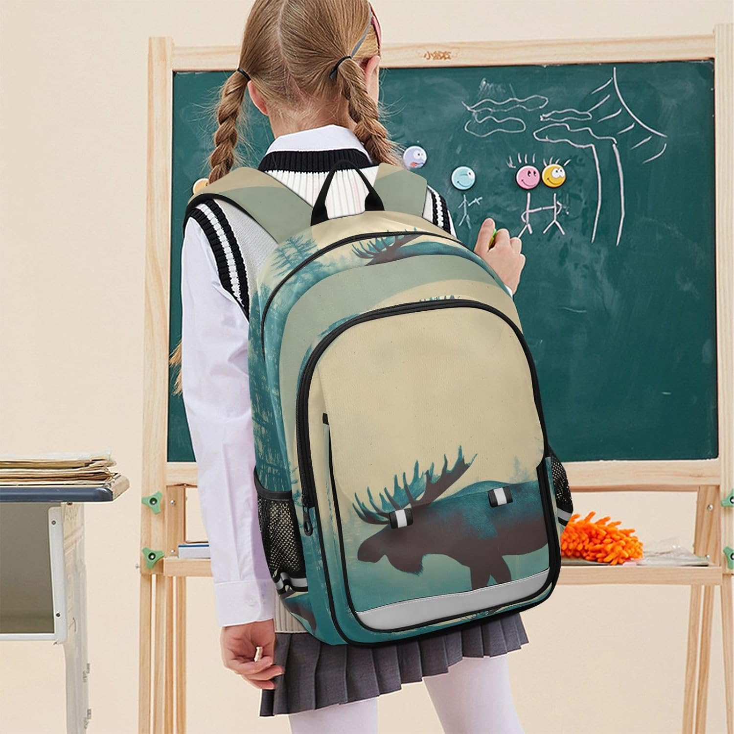 AIXIWAWA Kid'S Travel Backpacks Big Moon Moose Print for Boys Girls，Large Capacity Student School Bag with Reflective Stripe for Age 6 Above image number 1