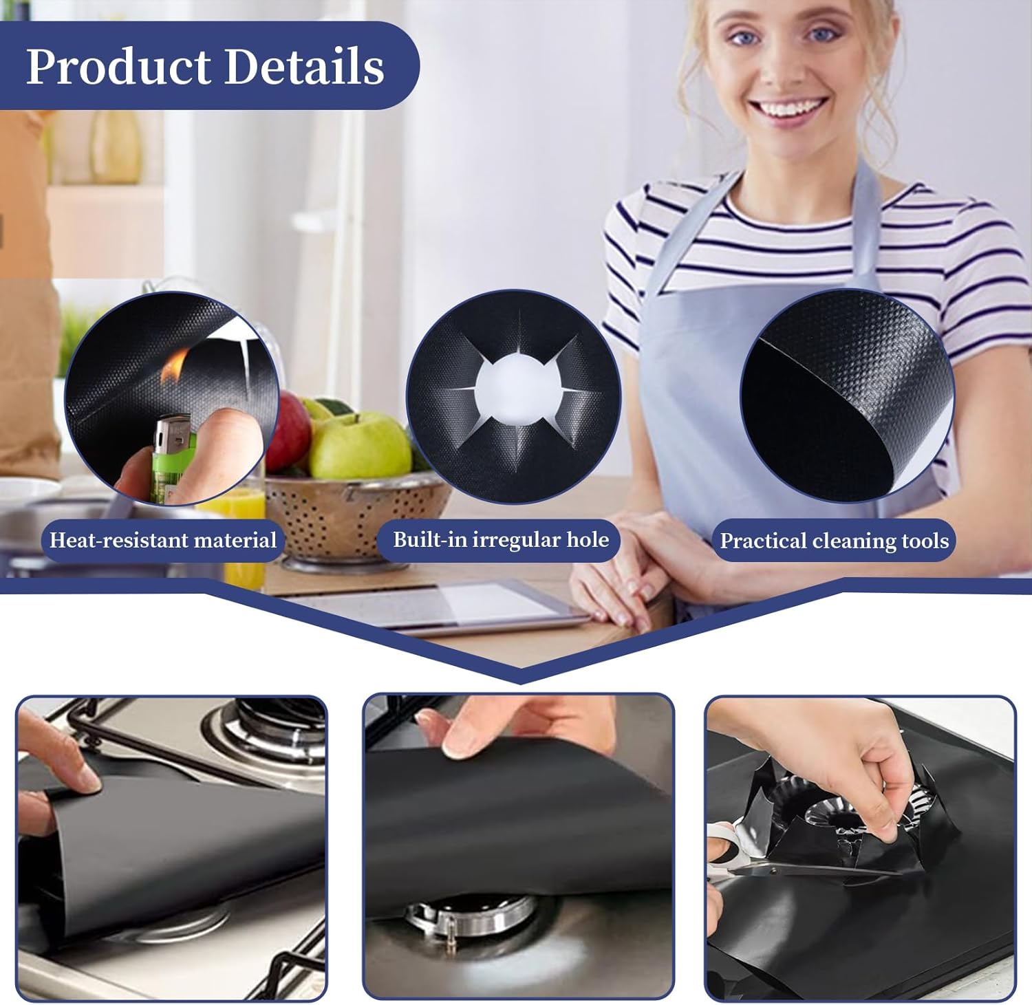 2 Set of 6 Pcs Gas Stove Burner Covers, Universal 5 Holes Gas Stove Protectors, Non-Stick Washable Stove Top Liners, Reusable Heat Resistance Gas Range Mat Fast Clean Liners for Kitchen Cooking (6) image number 5