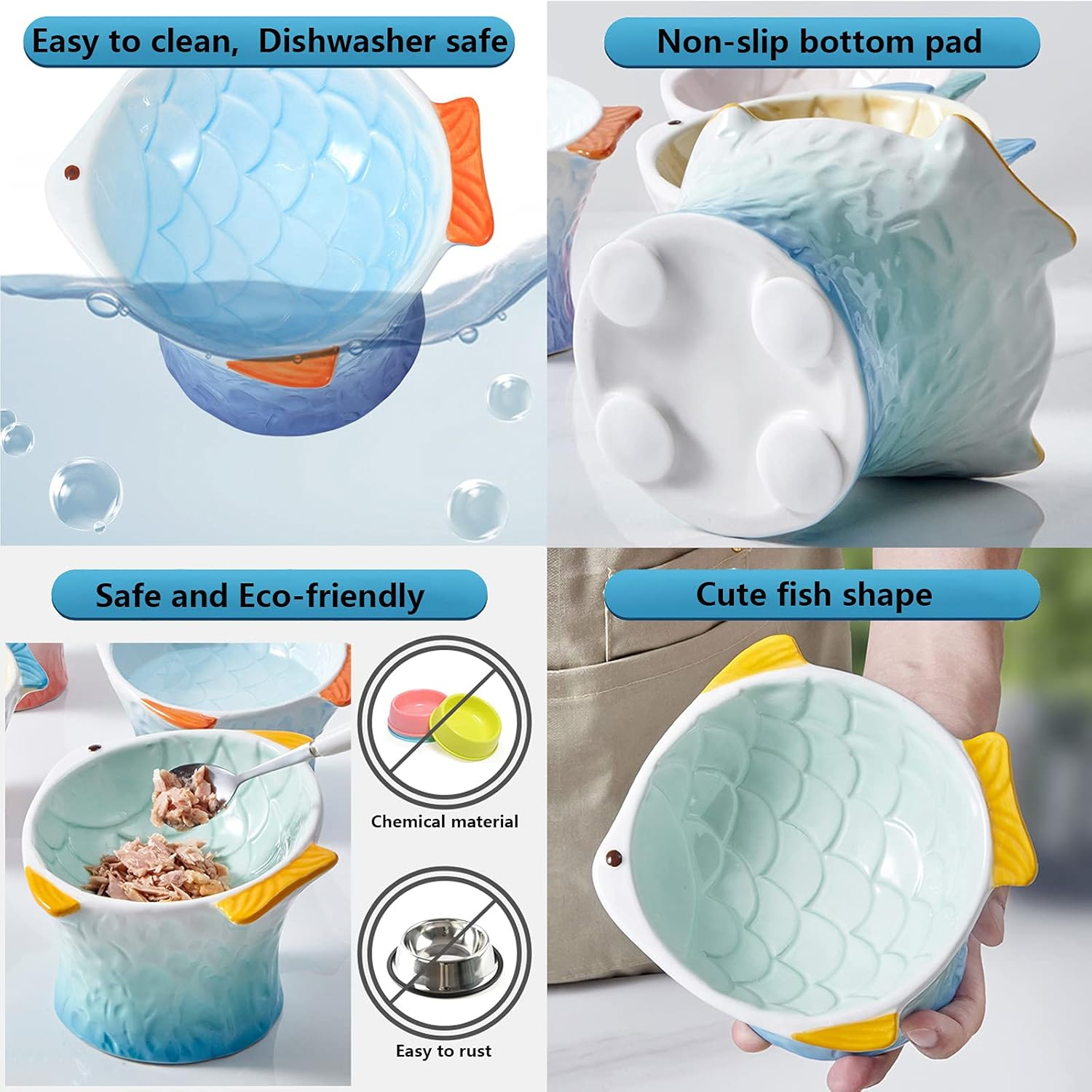 Raised Tilted Ceramic Cat Food Bowl, Cute Fish Shape Elevated Slanted Shallow Angled Cat Dish, Personalized Pet Feeder for Kitty Dry Wet Treats Feeding, Ergonomic anti Vomiting Whisker Friendly image number 4