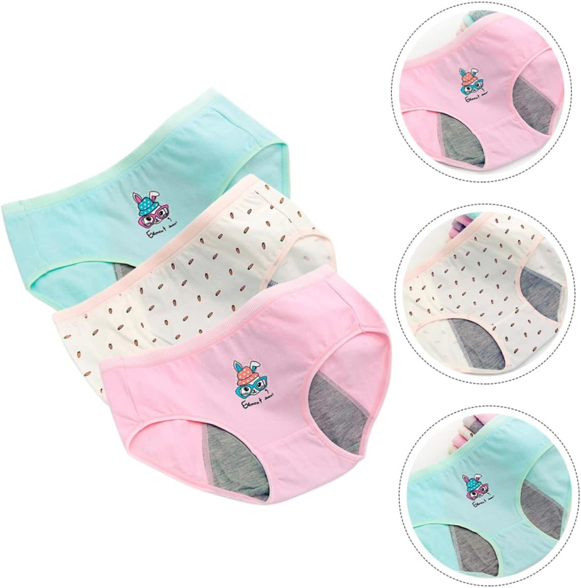 3Pcs Menstrual Underwear Female Breathable Sanitary Pants for Girls Period Briefs L Size Green Rabbit and Carrot Designs image number 5