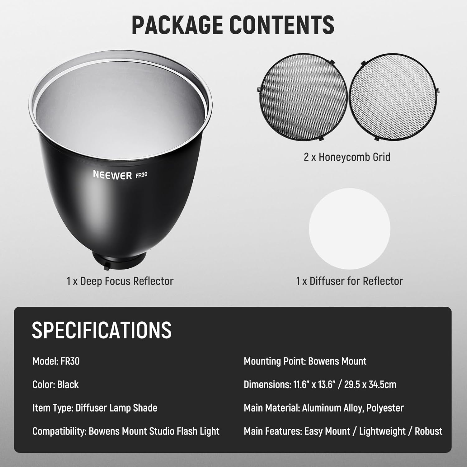 NEEWER 11.6"/29.5Cm Deep Focus Reflector Bowens Mount with 15&deg;/30&deg; Honeycomb Grids & Soft Cloth, 45&deg; Diffuser Lamp Shade Compatible with Godox NEEWER Studio Strobe Flash Light Speedlite, FR30