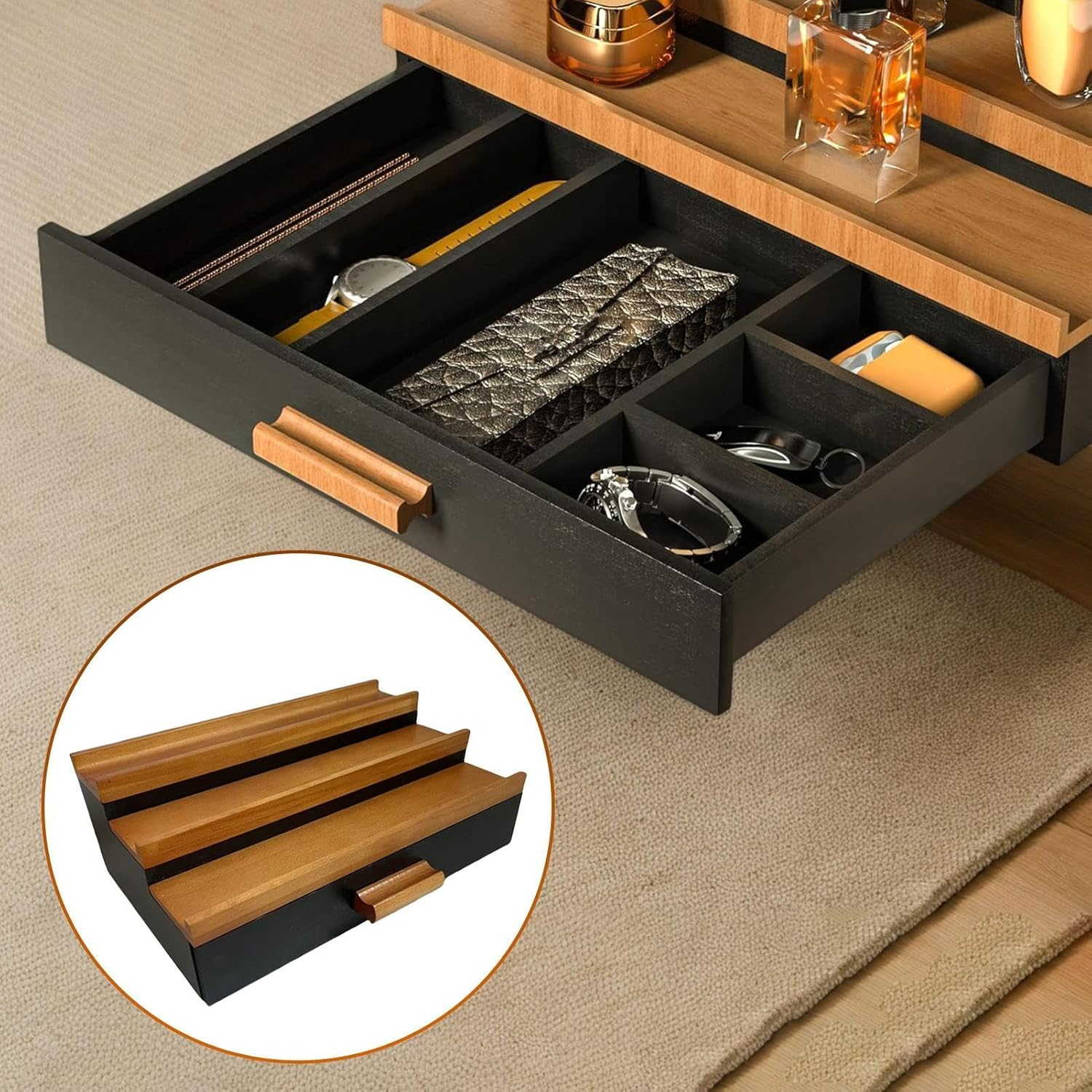 Perfume Display Shelf - 3 Tier Perfume Stand Shelf with Drawer,Home Storage for Cash, Bank Cards, Watches, Sunglasses, Fragrance image number 4