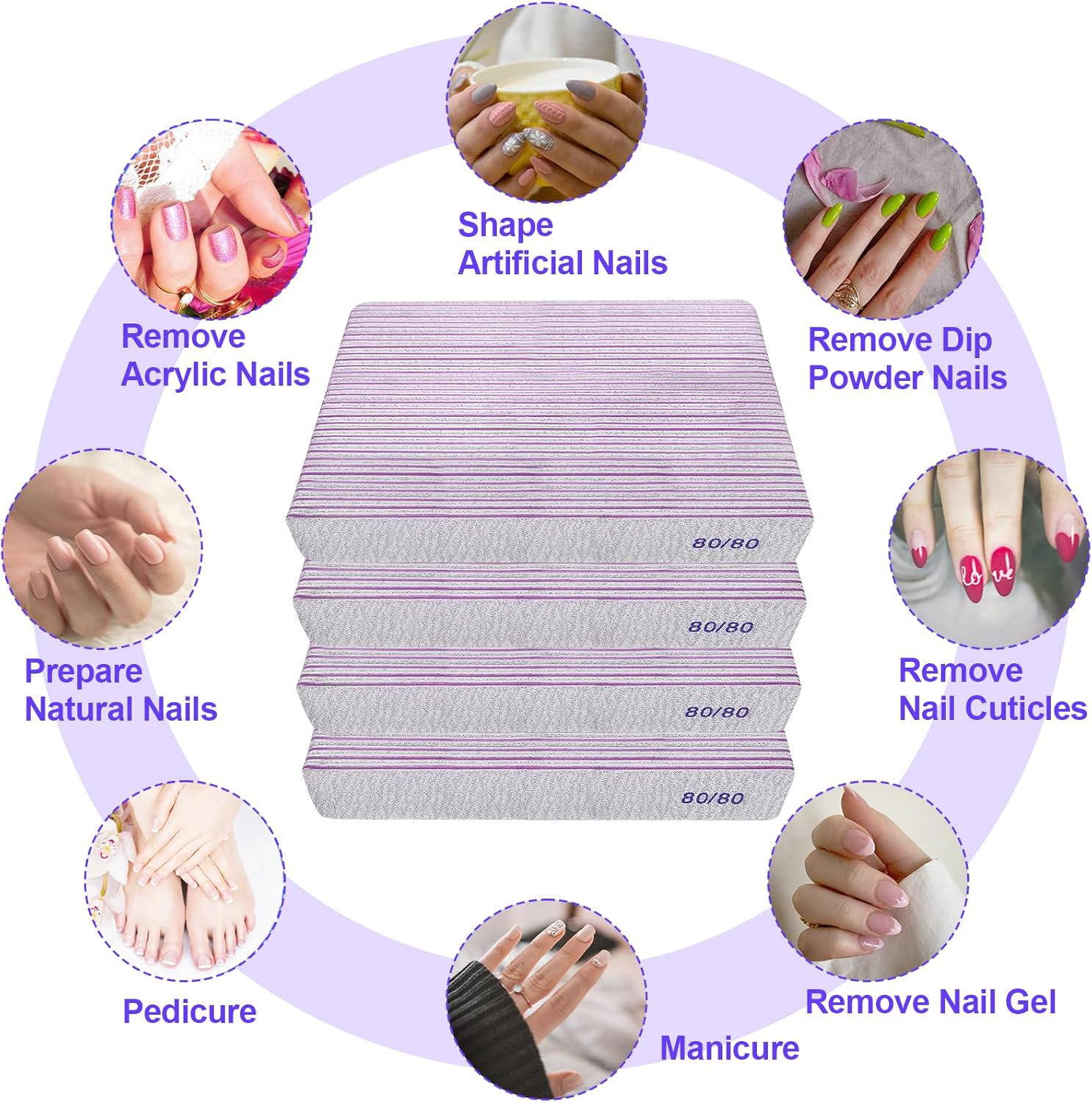 80/80 Grit Nail Files (100 Pack), Heavy Coarse Emery Boards for Acrylic Nails and Gel Nails, 80 Grits Double Sided Nail File Emory Professional Nail Filer Reusable Washable Manicure Square Gray image number 1