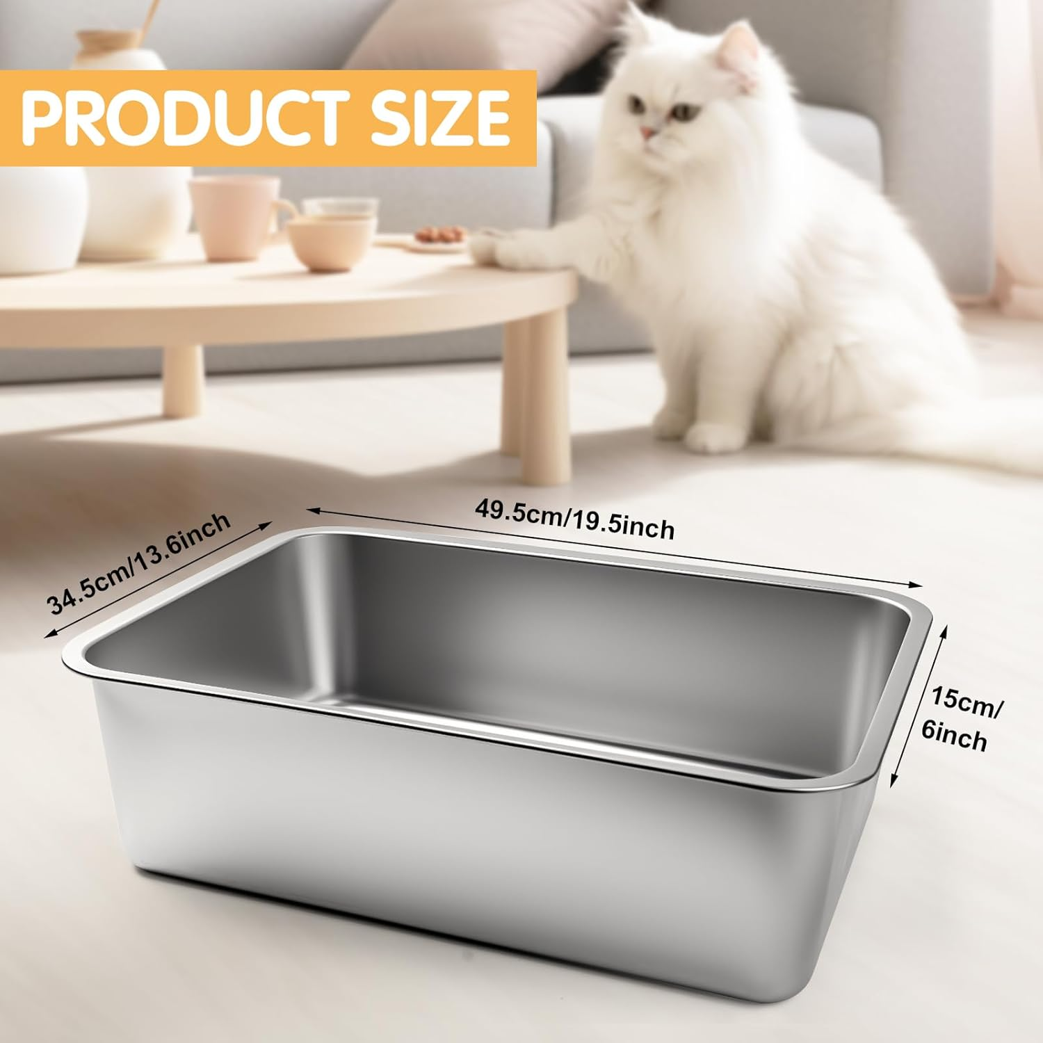Stainless Steel Litter Box,19.5" L X 13.6" W X 6" H，High Sided Large Metal Cat Litter Boxes Easy Clean, Non Stick No Smell Cat Litter Box for Adult Cats/Kitty/Kitten