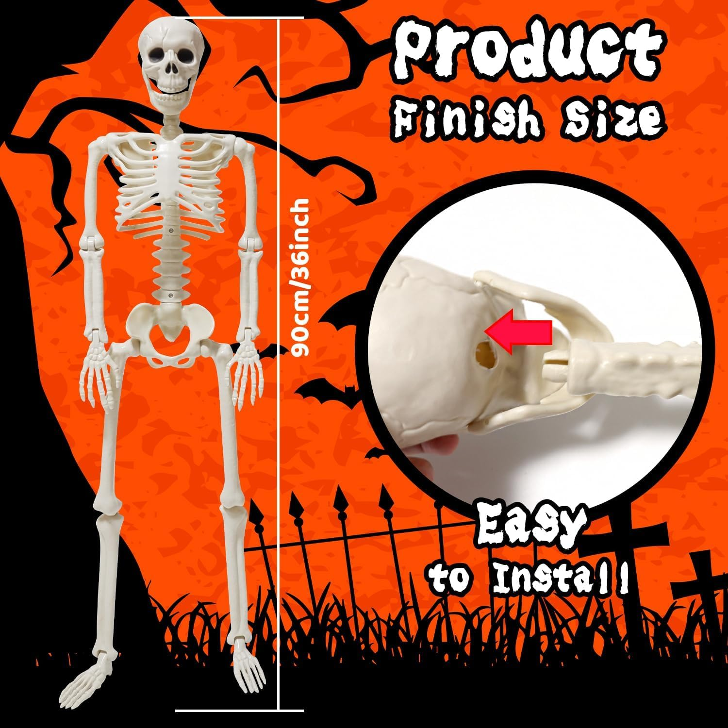 36" Skeleton Halloween Decorations, 90CM Full Body Human Skeleton with Movable Joints for Halloween Haunted House Graveyard Party Scary Decor image number 3