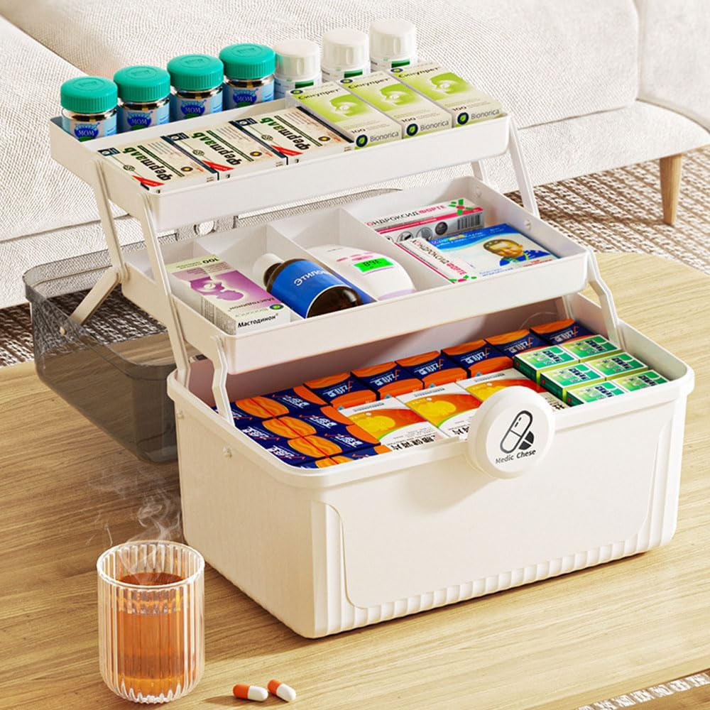 Portable Medicine Cabinets Storage Box with Handle 3 Tier First Aid Kit for Home, Camping Travel Medical Storage Container Emergency Supply Case (Beige) image number 1