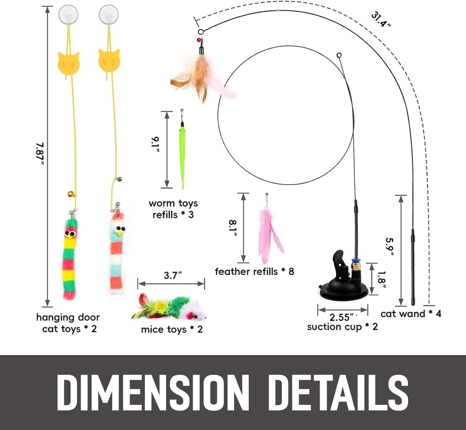 4-In-1 Interactive Cat Toys Set - Feather, String, Stick & Cat Wand Toys with 15 Replaceable Attachments for Indoor Kitten (Includes Super Suction Cup & Hanging Door Toy) image number 5