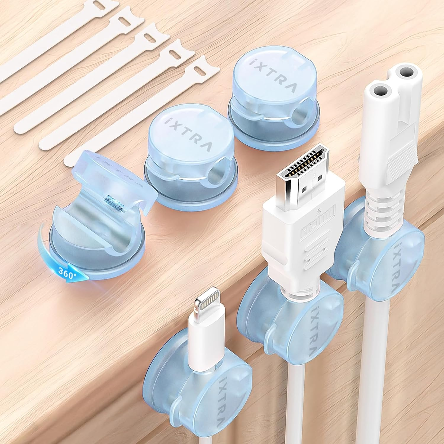 IXTRA 6 Pack Spring Cable Cips Upgrade Rotatable Cord Organizer Desk Cable Management Adhesive Phone Charging USB Wire Holder for Nightstand Office Wall Blue