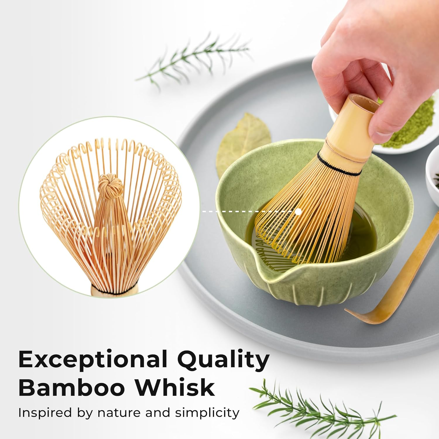 Premium 5Pcs Japanese Matcha Whisk Set &ndash; Includes 500 Ml Matcha Bowl with Spout, Bamboo Chasen Whisk, Whisk Holder, Sieve and Scoop &ndash; Elegant Mottled Green Glaze with Vertical Pattern image number 5