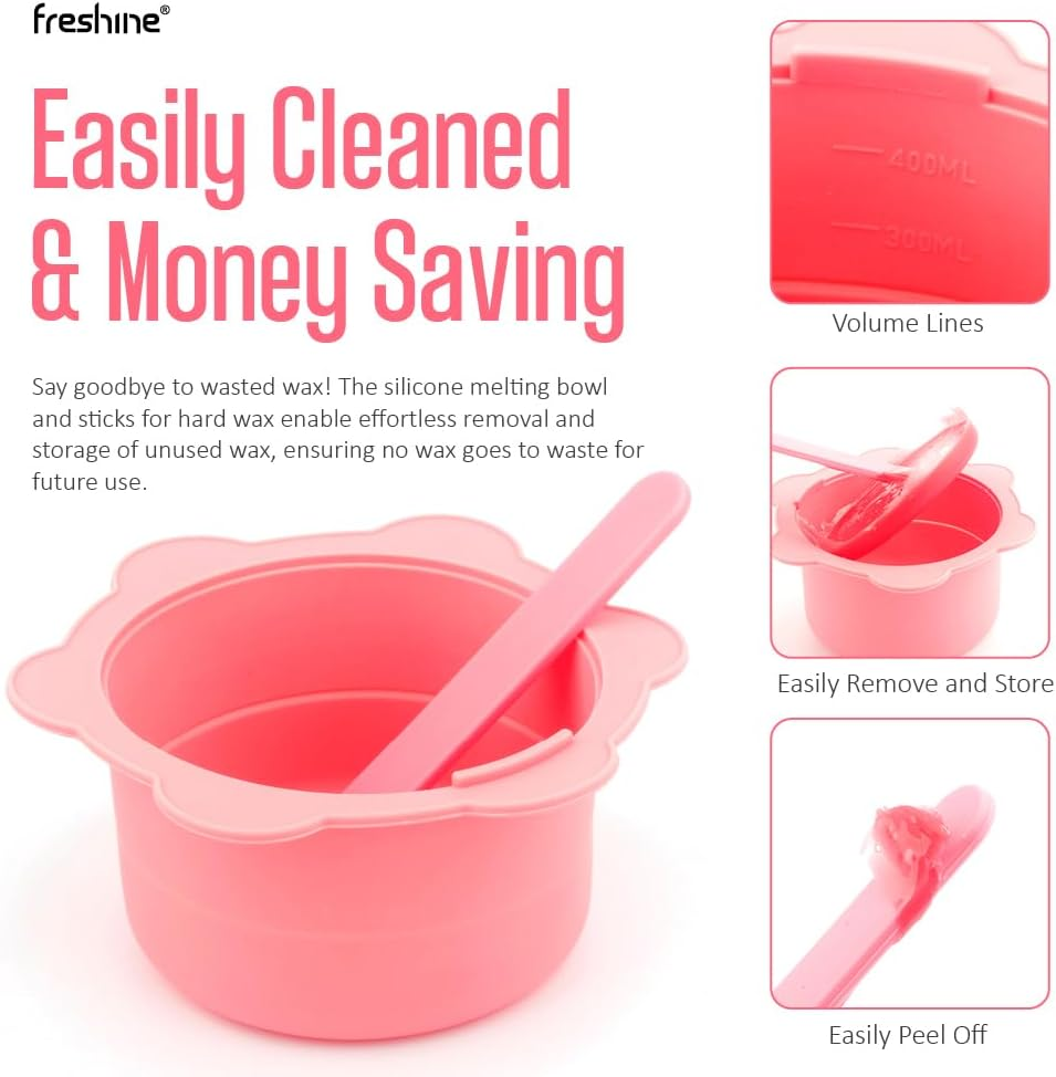 Freshine Pro Wax Pot Kit Wax Heater, Easy Waxing Kit, Hard Wax Beads Warmer with Silicone Liner, Paperless Hair Removal Depilatory for Eyebrow, Face, Body, and Leg Waxing for Home or Salon Use Pink (400G Liner Kit)