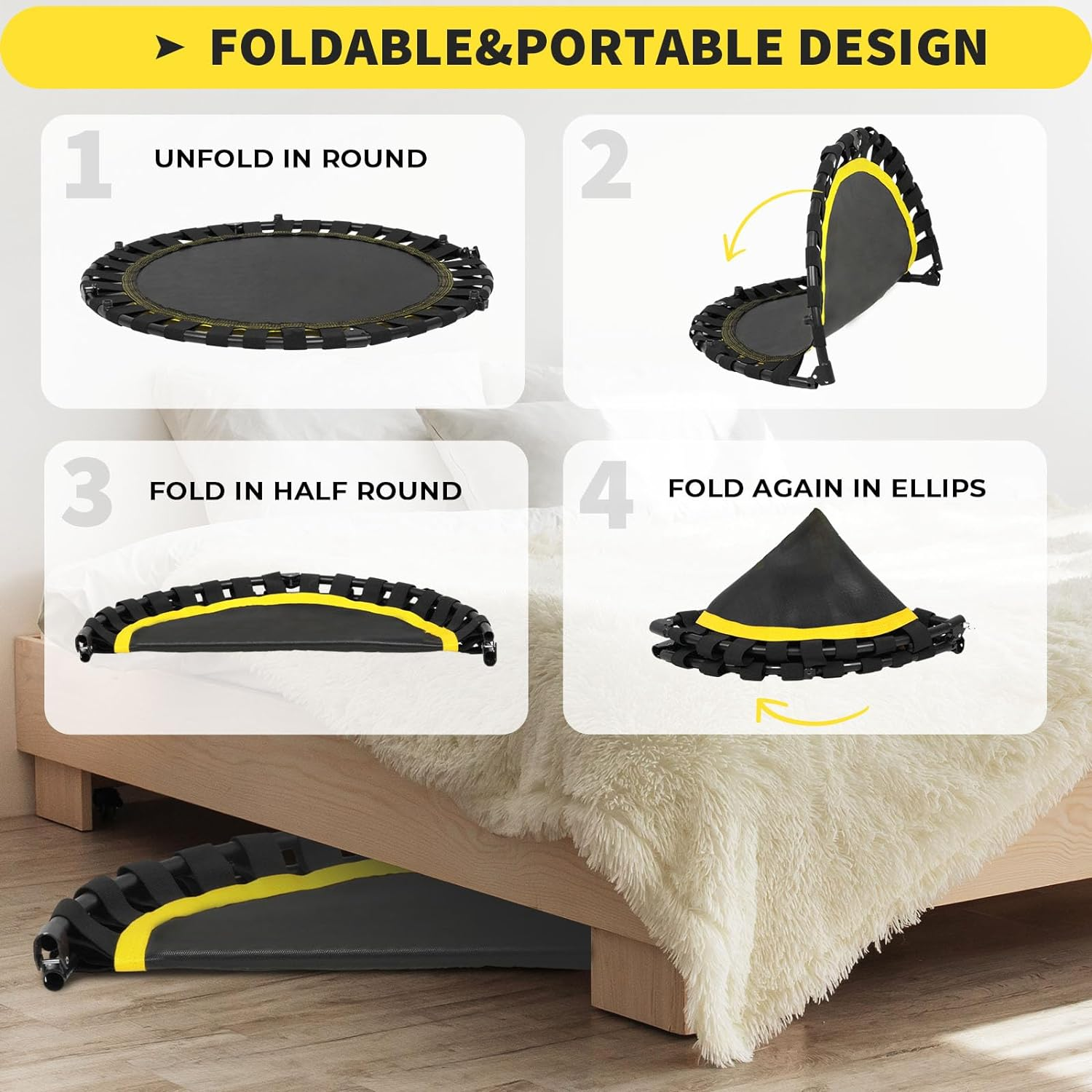 ADVWIN 50 Inch Rebounder Trampoline Fitness Mini Trampolines with T-Shaped Handle for Adults and Kids Indoor/Outdoor Workout Max Load 150KG Yellow/Orange - Yellow image number 6