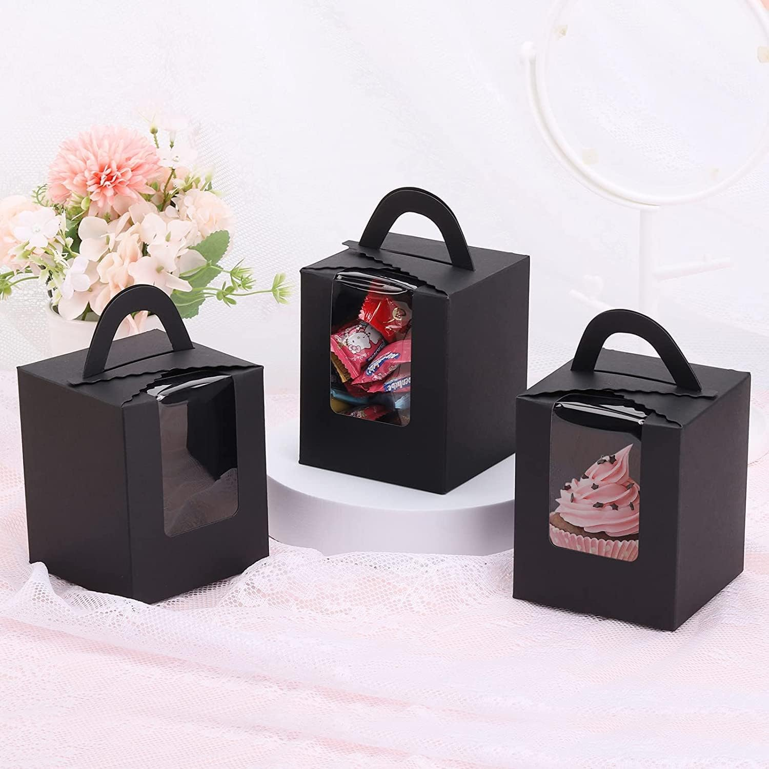 50 Pcs Black Cupcake Boxes with Window Single Individual Cupcake Boxes with Handle and Inserts for Wedding Birthday Party Treats Gift image number 4