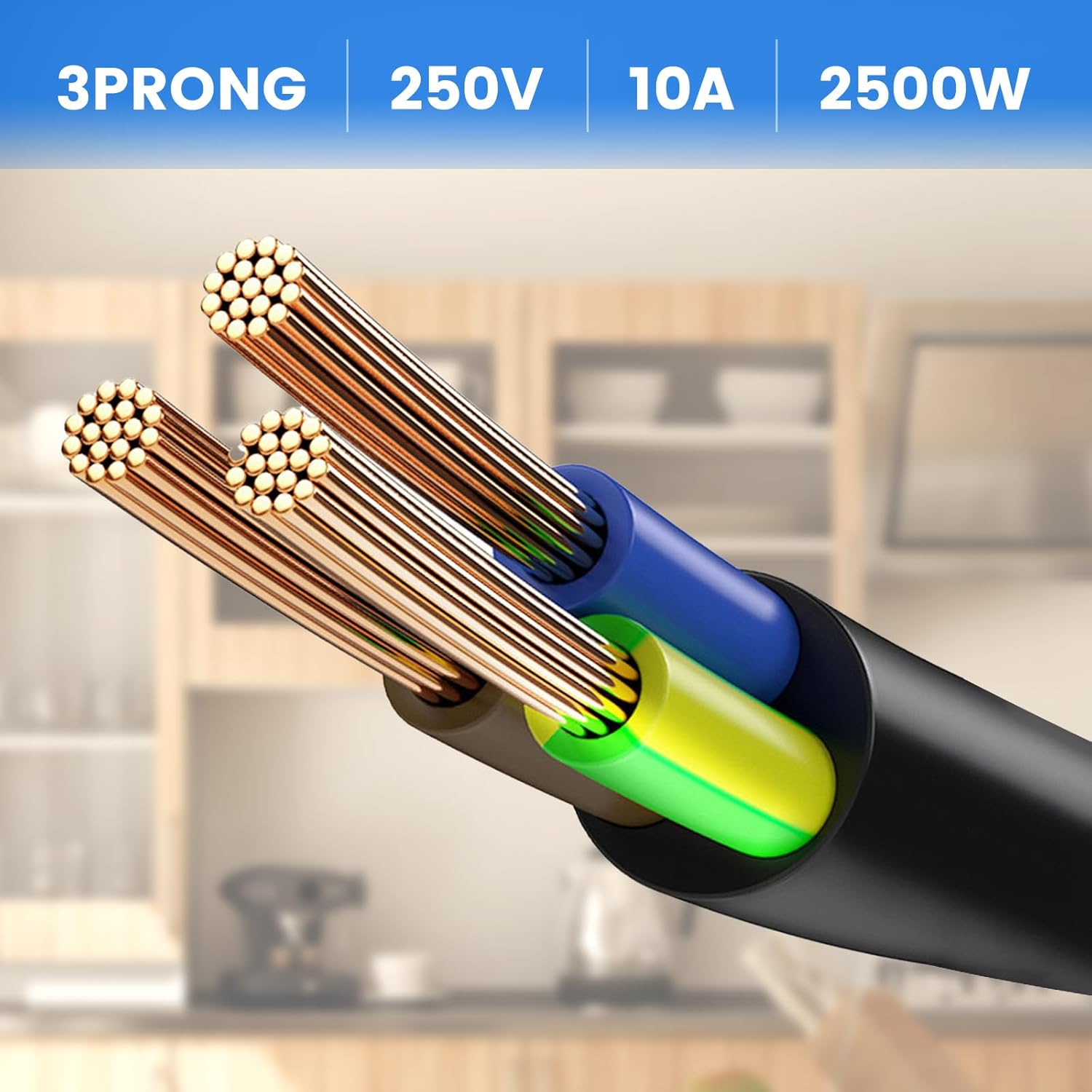 1-To-2 Power Extension Cord, 3 Prong Splitter with On/Off Switch, 34CM Short Extension Cord, Heavy Duty, 10A 2500W Max, AC110-250V