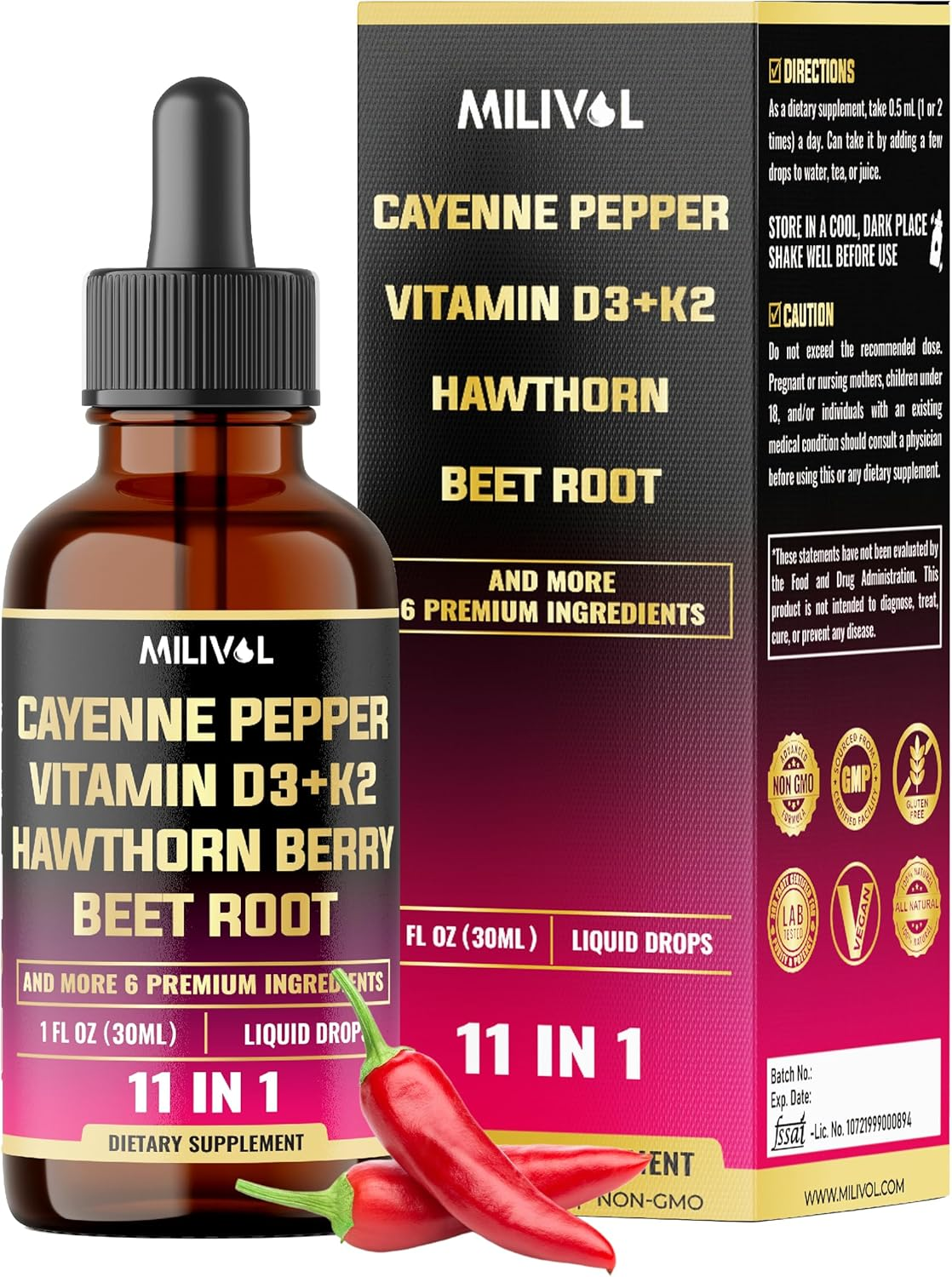 11In1 Cayenne Pepper Liquid Drops with Vitamin D3, K2, Berberine, Bitter Melon, Turmeric & More &ndash; for Health Support &ndash; 1 FL Oz &ndash; 60 Days Supply image number 5