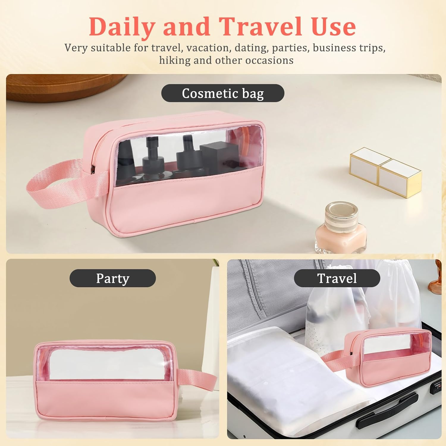 Makeup Bag, PVC Clear Toiletry Wash Bag, Waterproof Transparent Cosmetic Bags, Large Capacity Clear Makeup Organizer, Side Carry Handle, Multifunctional Portable Wash Pouch, for Travel (Pink) image number 1