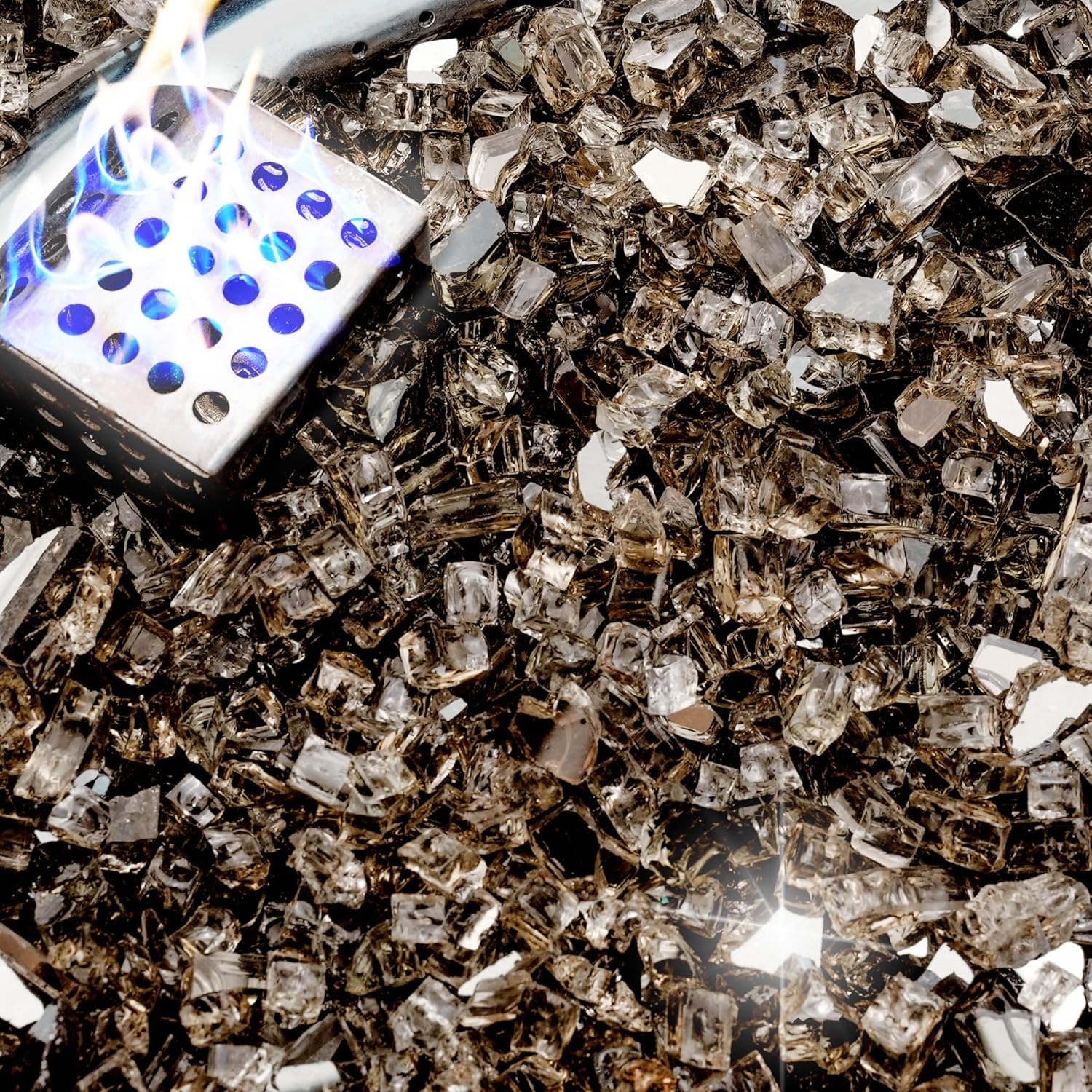 NUPICK 5 Pound Fire Glass, 1/4 Inch Reflective Fire Pit Glass, Tempered Firepit Glass Rock for Propane or Natural Gas, Glass Rocks for Fire Pit Table, Fireplace Glass for Landscaping, Bronze image number 2