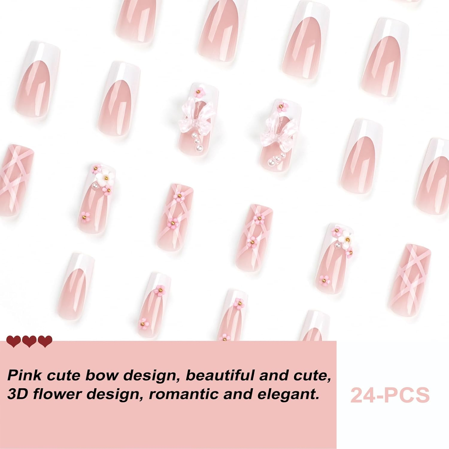 24-PCS French Pink Bow Press on Nails,Long Length Square Coffin Fake Nails with Cute 3D Flower Design,Rhinestone Glossy and Full Cover Acrylic False Nails for Valentine&rsquo;S Day,Wedding,Party image number 4