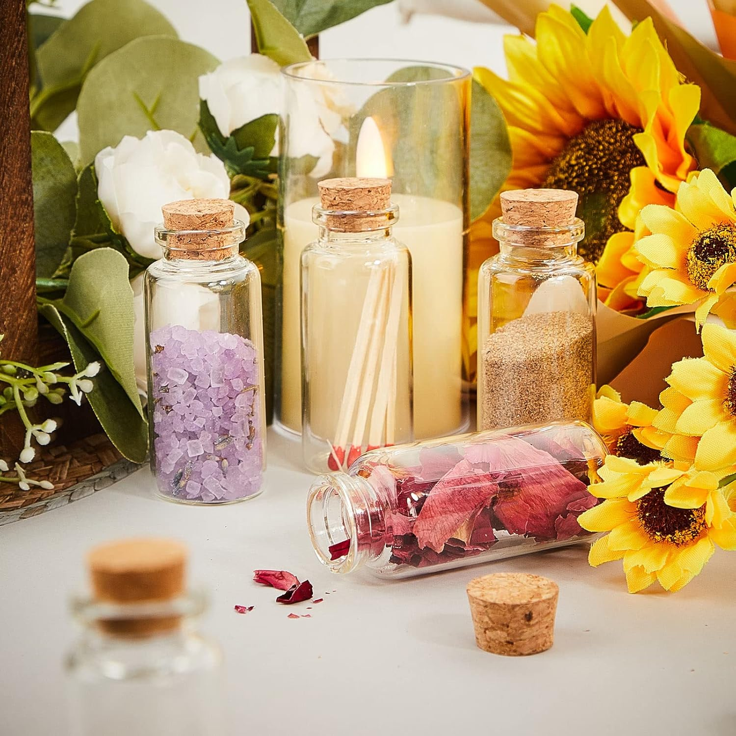 Gerrii 100 Pcs 30 Ml Mini Glass Bottles with Wood Cork Stoppers, Mini Glass Vials Small Clear Bottles Wishing Message Spell Potion Tiny Jars Sand Art for Decoration Wedding DIY Favor image number 5