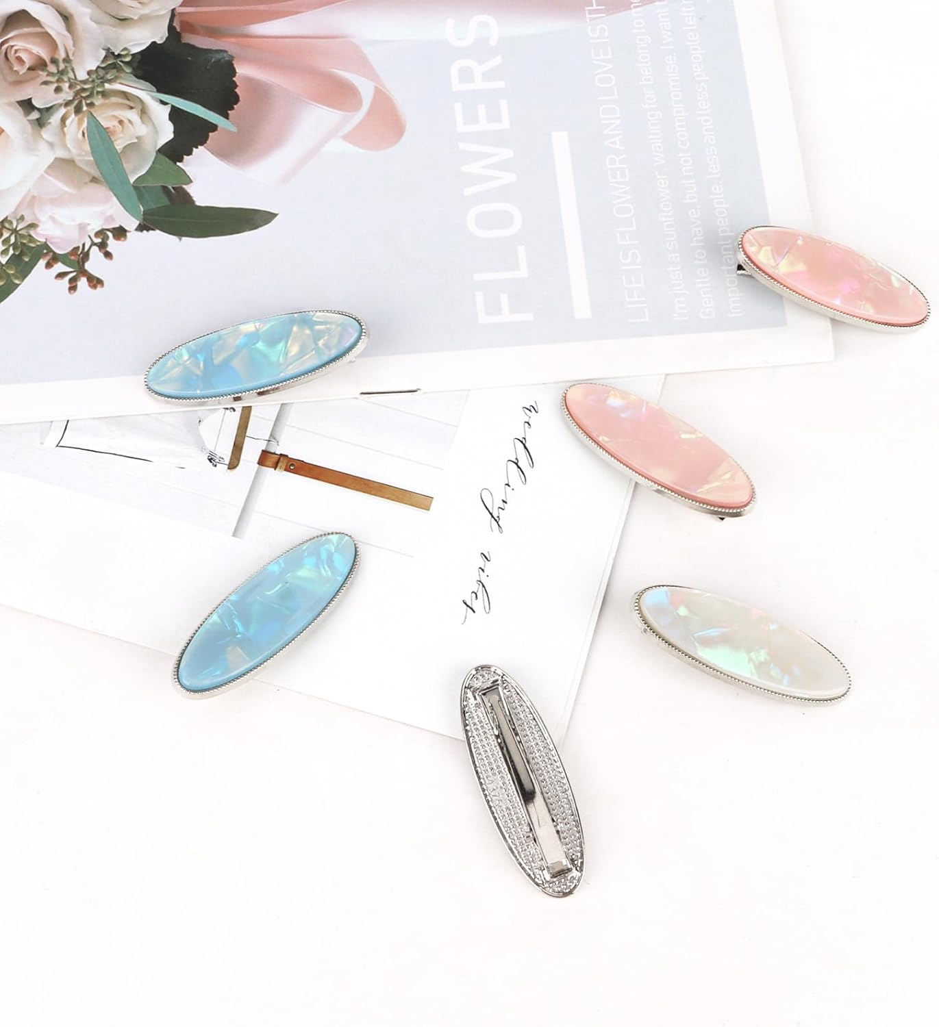 EXIPSAT Oval Hair Clips Set (3 Pairs), Shiny Hair Clips, without Bend, Hair Clips for Women, 3 Colours (Pink, White, Blue) image number 4