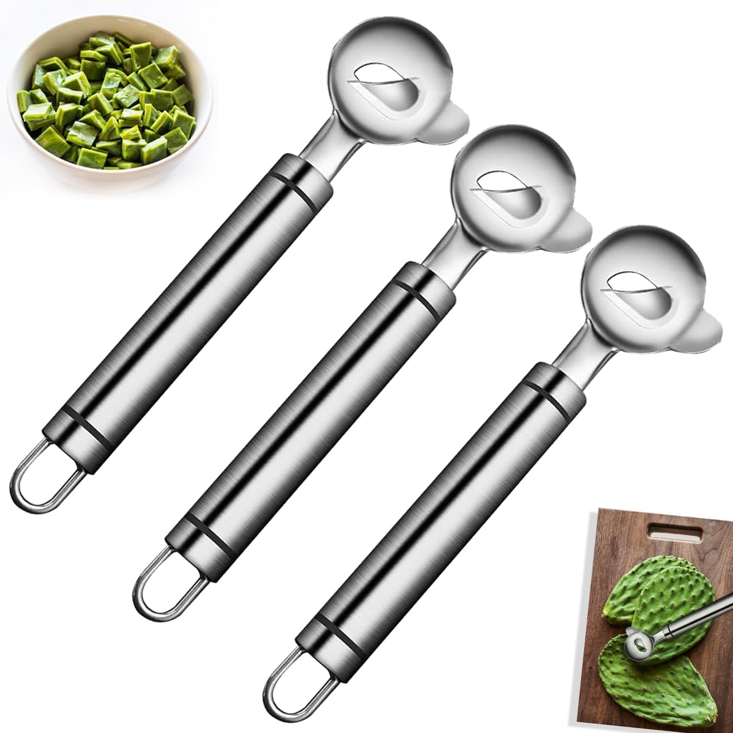 3-Piece Cactus Peelers and Spoons, Multi - Function Cactus Peeling and Slicing Tool, Chinese Noodle Cutting Gadget - Stainless Steel for Kitchen Cooking image number 3