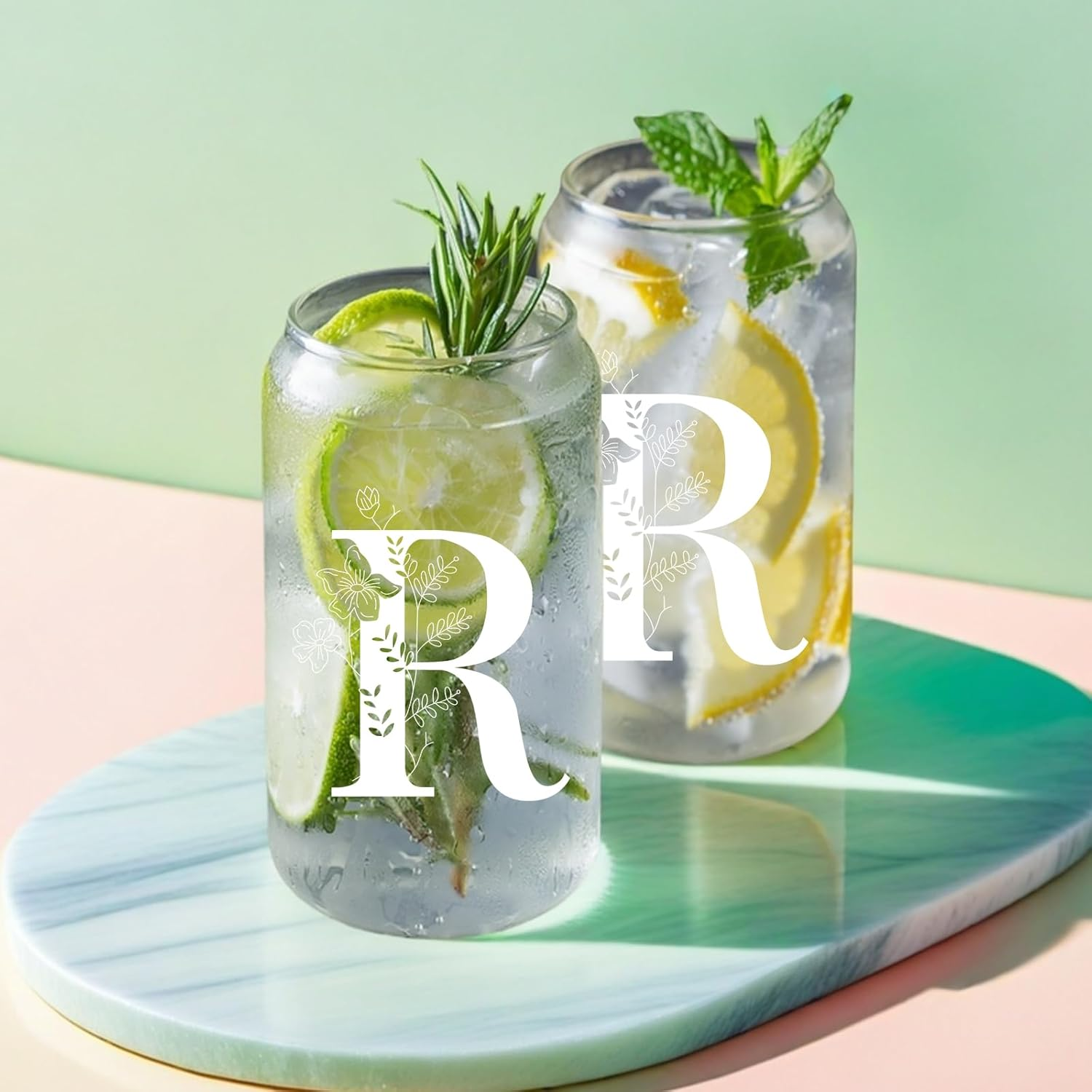 DHQH Personalized Initial Glass Cup with Lids and Straws, Monogrammed Gifts Box Included Ice Coffee Cup Makeup Bag for Her, Christmas Birthday Gifts for Women, R image number 5