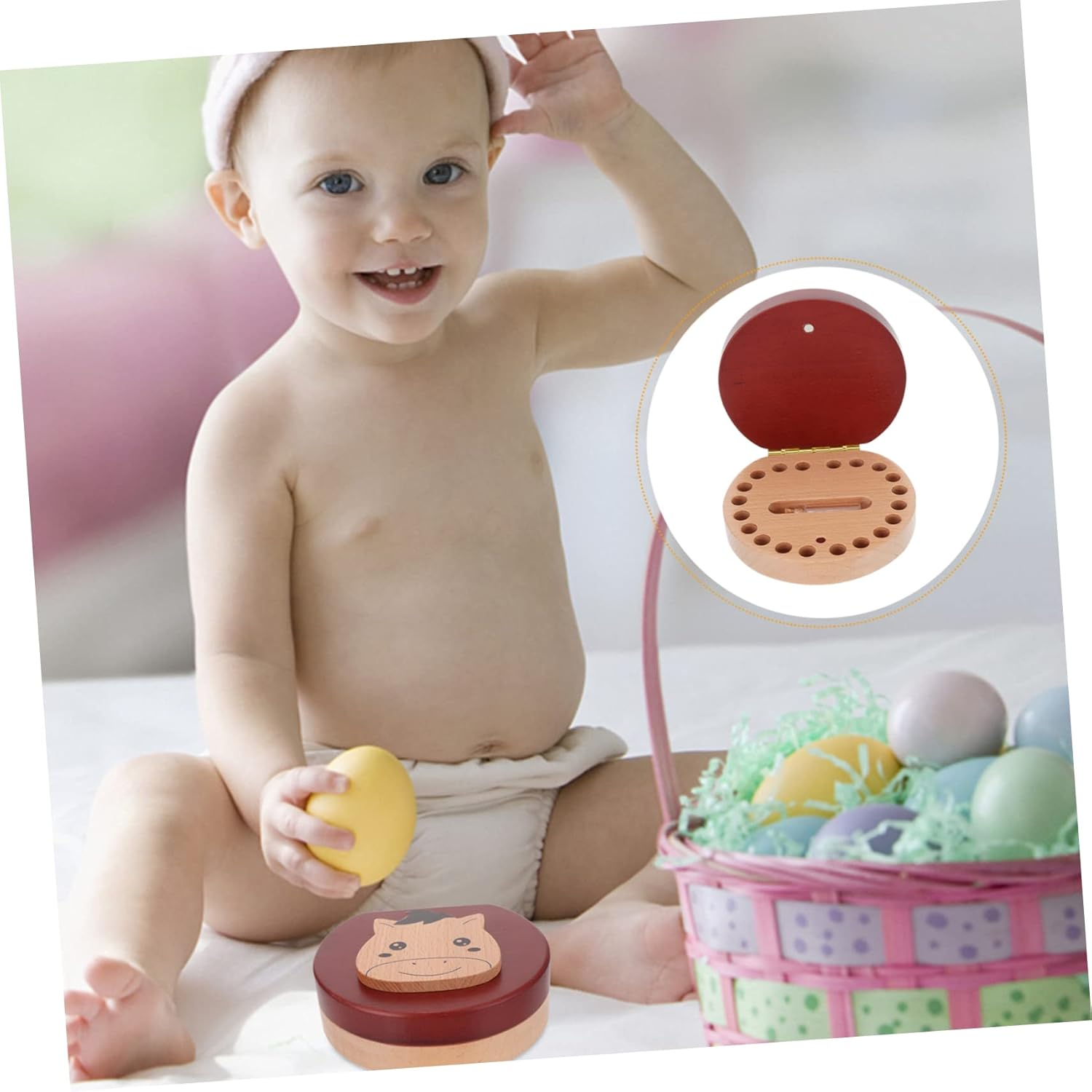 Baby Tooth Box Keepsake Organizer Wooden Tooth Holder for Boys and Girls Storage Case Zodiac Horse Design for Childhood Memory image number 4