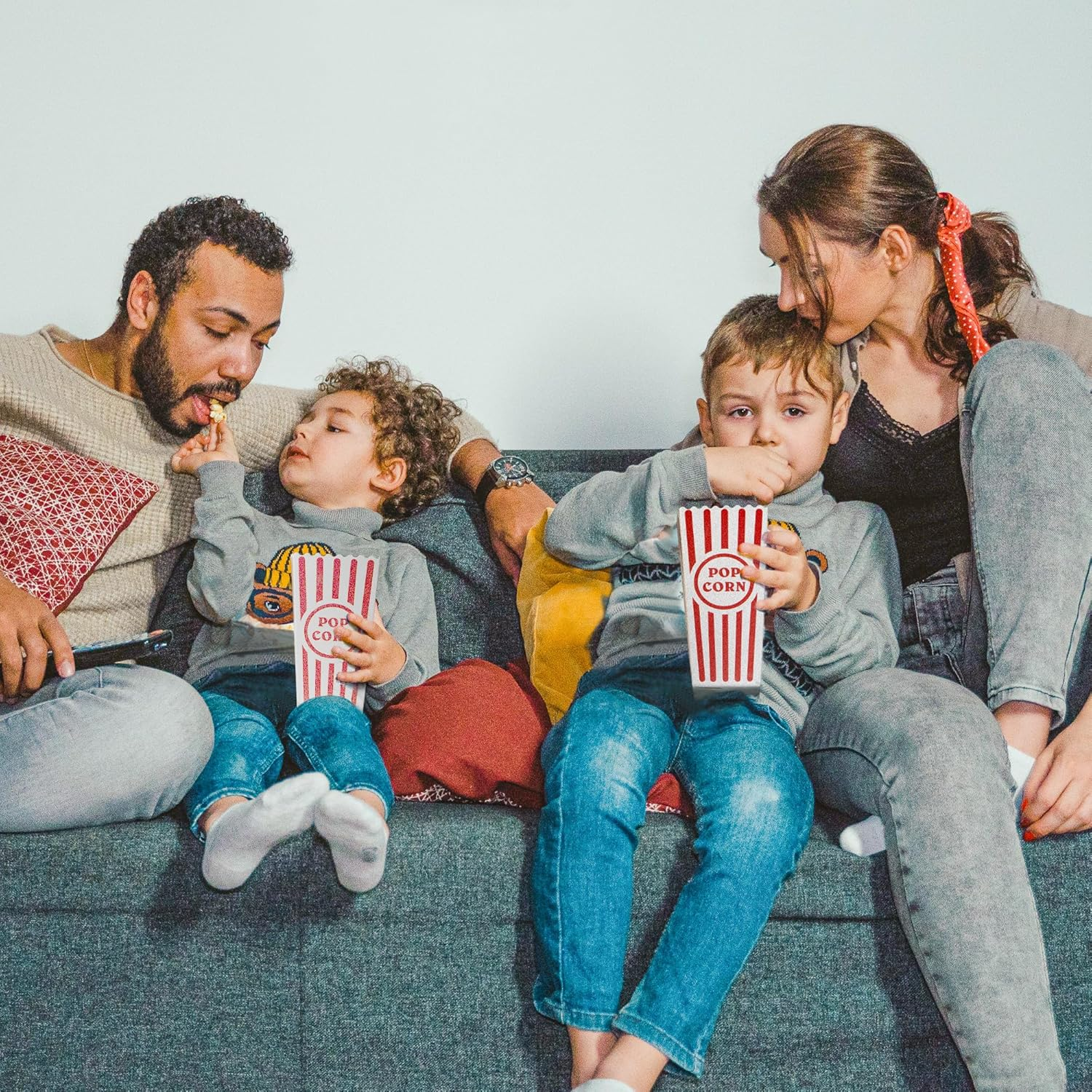 Novelty Place 12 Pcs Classic Popcorn Boxes, 46 Oz Red & White Striped Cardboard Popcorn Container for Movie Night Party - 7.8" Tall X 3.9" Square