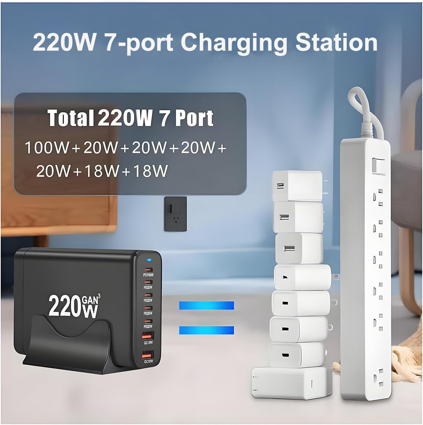 220W USB C Charger, Gan Charger Station Block, 7-Port Fast Charger, USB Desktop Charger Power Adapter, Type C Charger Compatible with Iphone 16 15 14 13 12, Macbook, Ipad, Galaxy, Laptop, Tablets image number 5