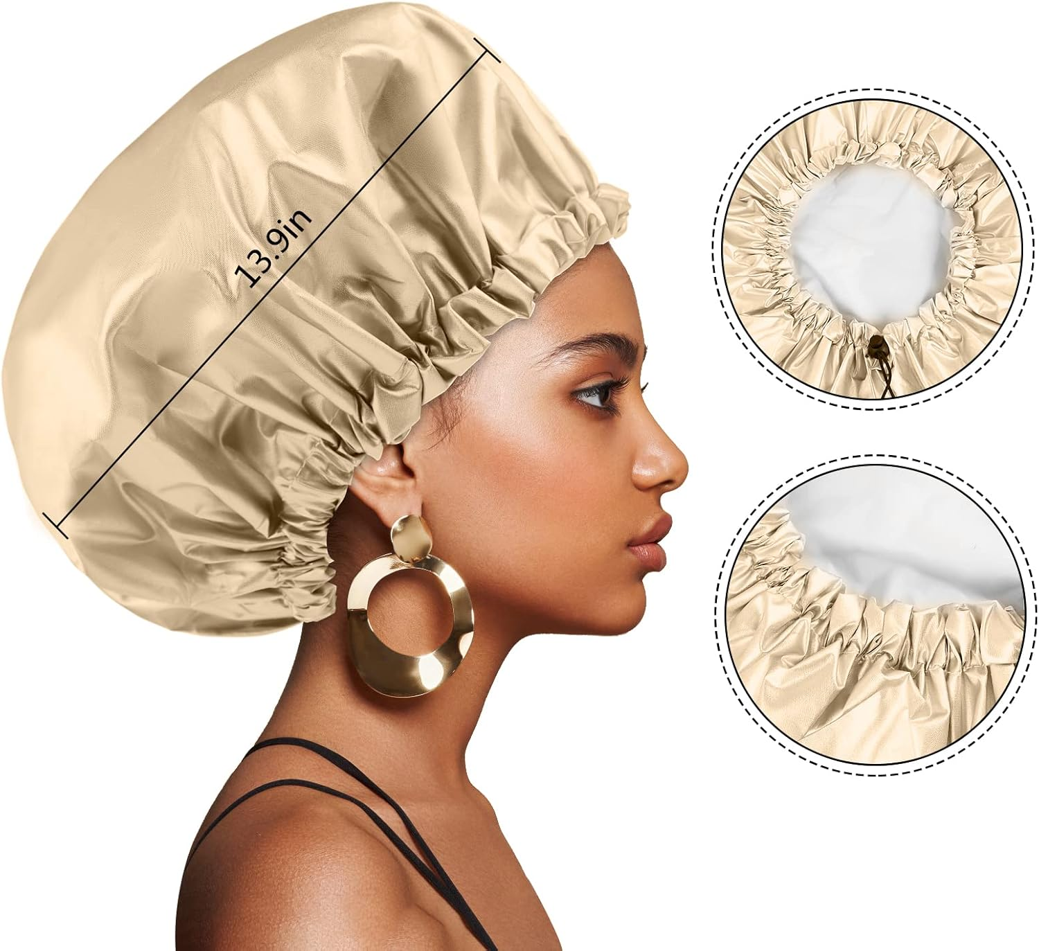 Shower Cap, Large Adjustable & Reusable, Double-Layer for Dreadlocks, Waterproof Bath Cap for Women, Girls, Braids, SPA, Long Hair (Khaki)