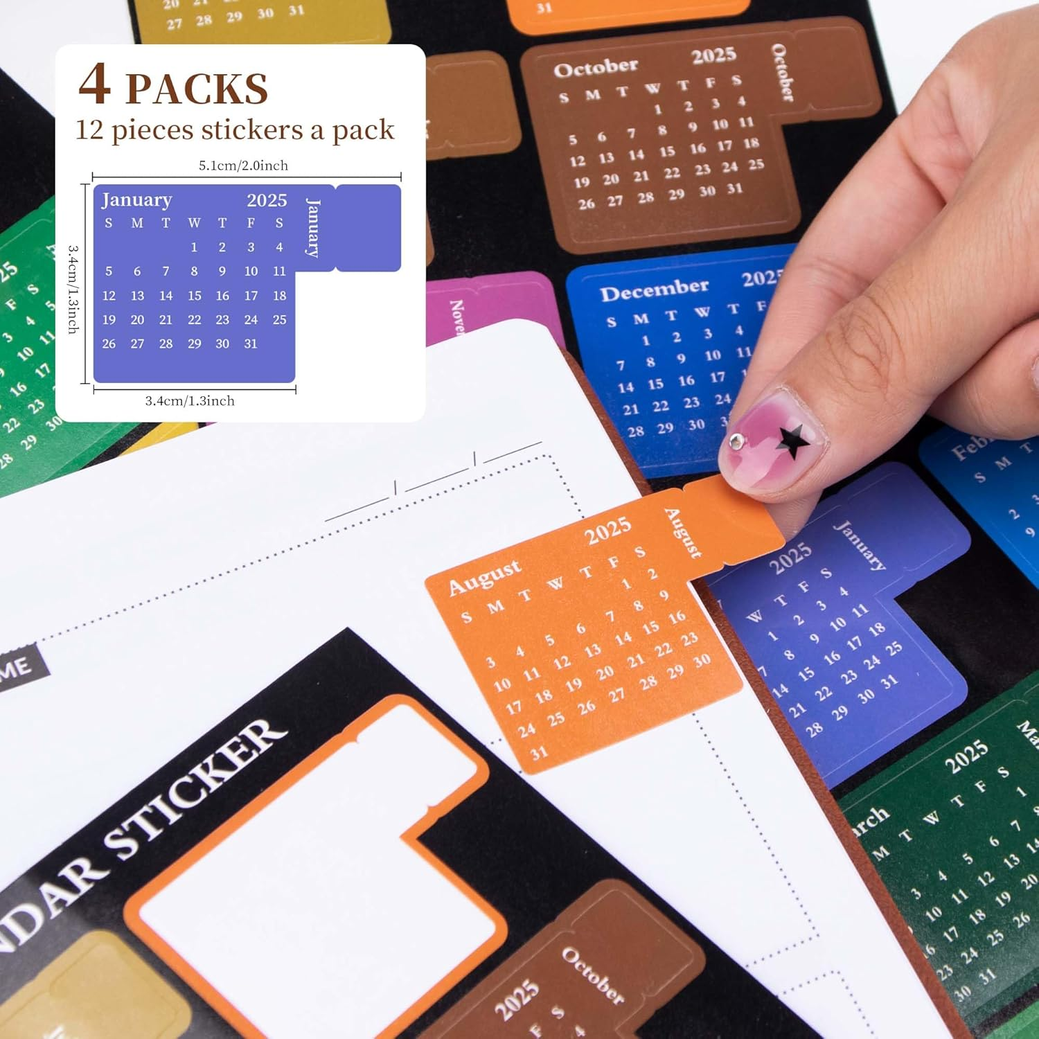 YUNAI 2025 Monthly Tabs for Planners, 4-Pack Calendar Stickers Tabs for Adults Notebooks, Month Dividers Sticky Tabs Labels for Notebooks Office Study Planner Accessories