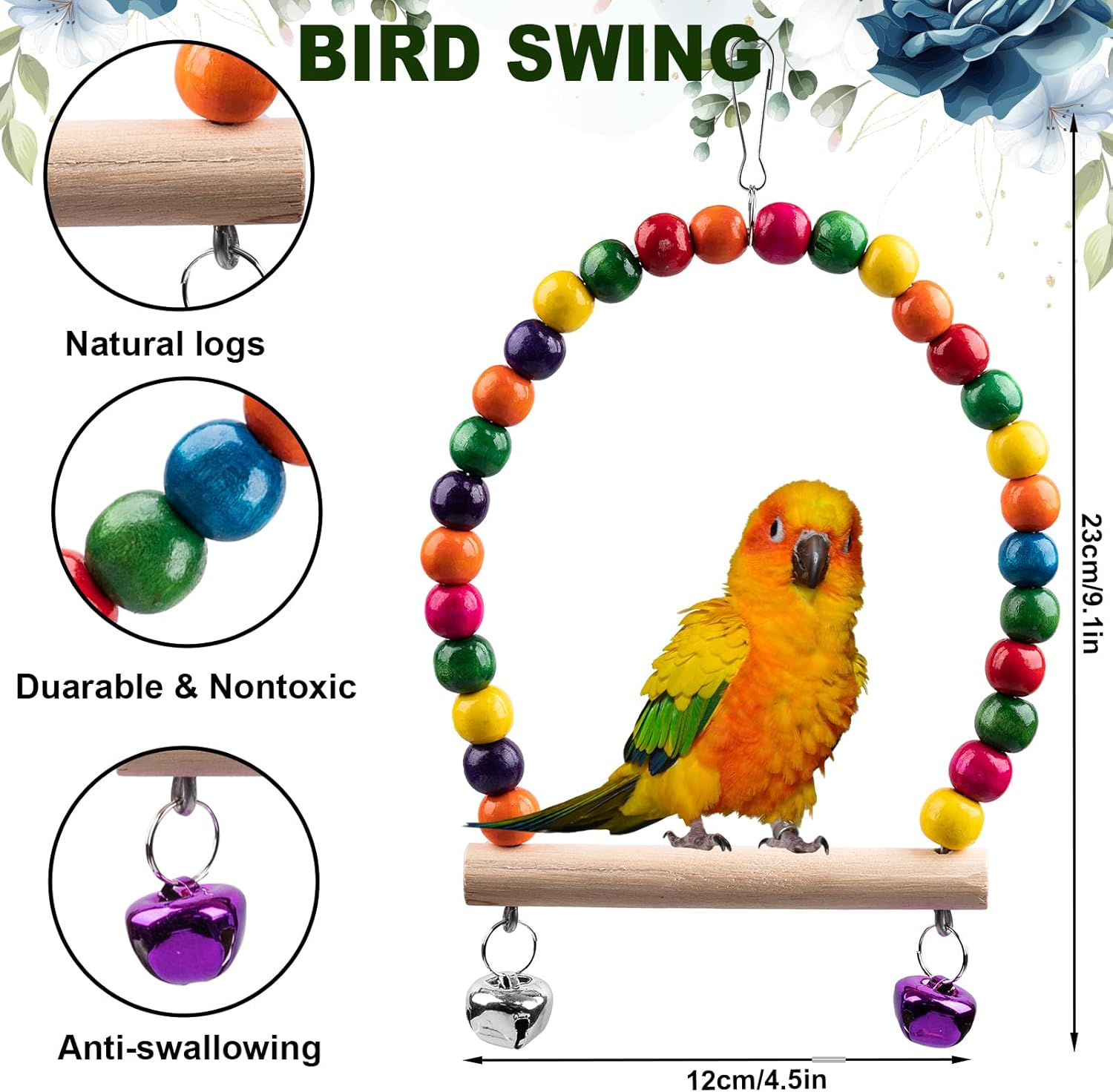 Bird Toys for Parakeets 7Pcs, Wood Parrots Budgie Cage Accessories, Bird Perch Swings for Small Conure Cockatiel Toys, Bird Ladder Swing for Parakeets Climbing 18''